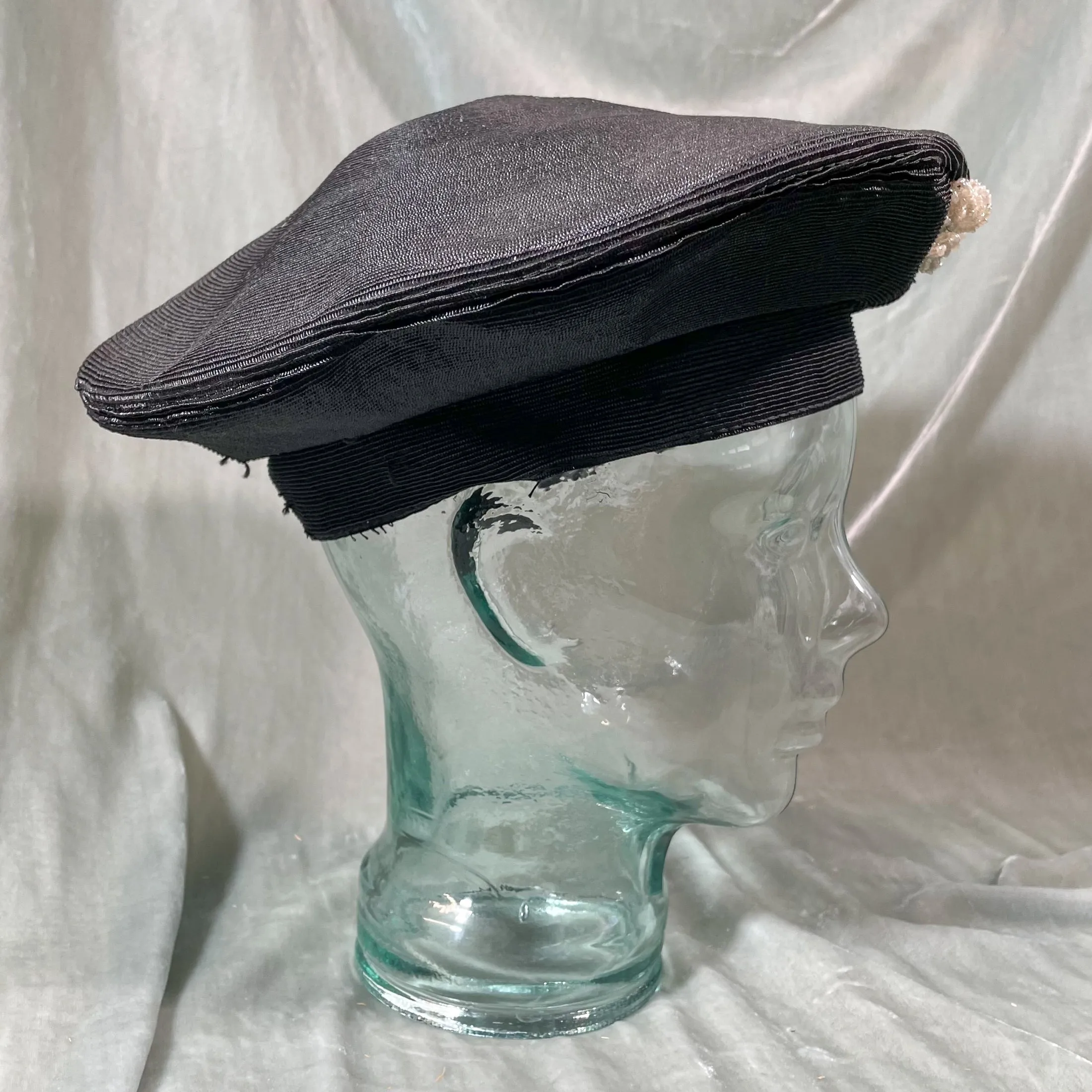 Gage Bros Vintage 40s Black Straw Tam O' Shanter Ladies Hat w/Bead Accents S