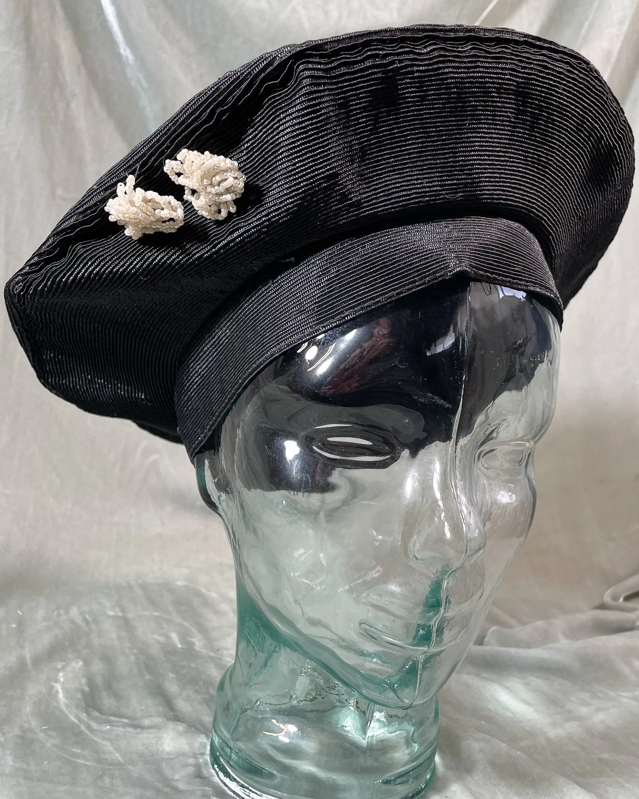 Gage Bros Vintage 40s Black Straw Tam O' Shanter Ladies Hat w/Bead Accents S