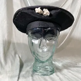 Gage Bros Vintage 40s Black Straw Tam O' Shanter Ladies Hat w/Bead Accents S