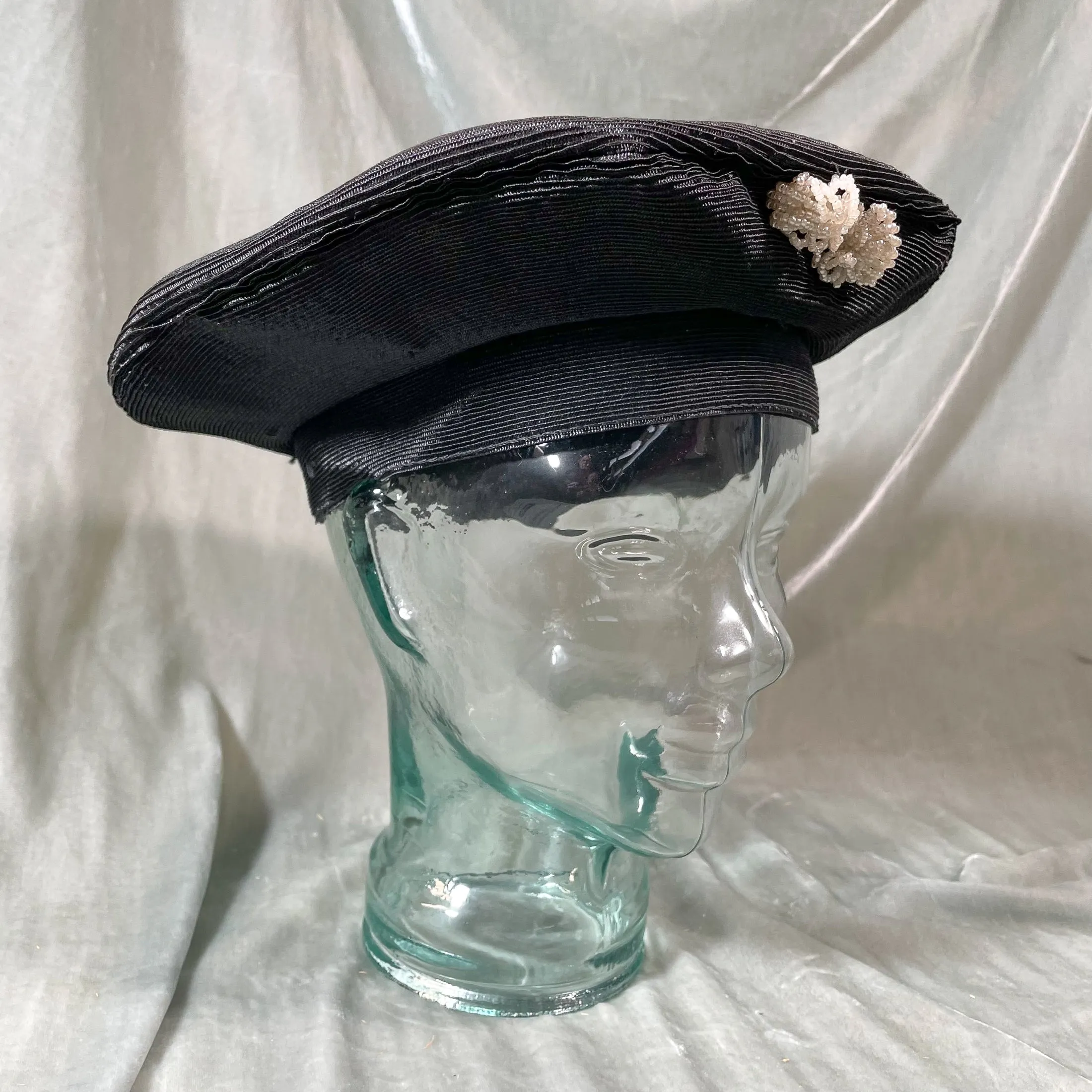 Gage Bros Vintage 40s Black Straw Tam O' Shanter Ladies Hat w/Bead Accents S