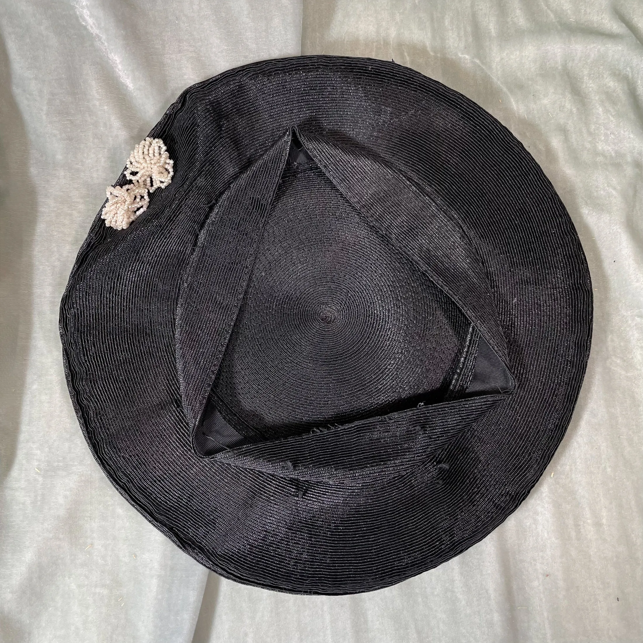 Gage Bros Vintage 40s Black Straw Tam O' Shanter Ladies Hat w/Bead Accents S