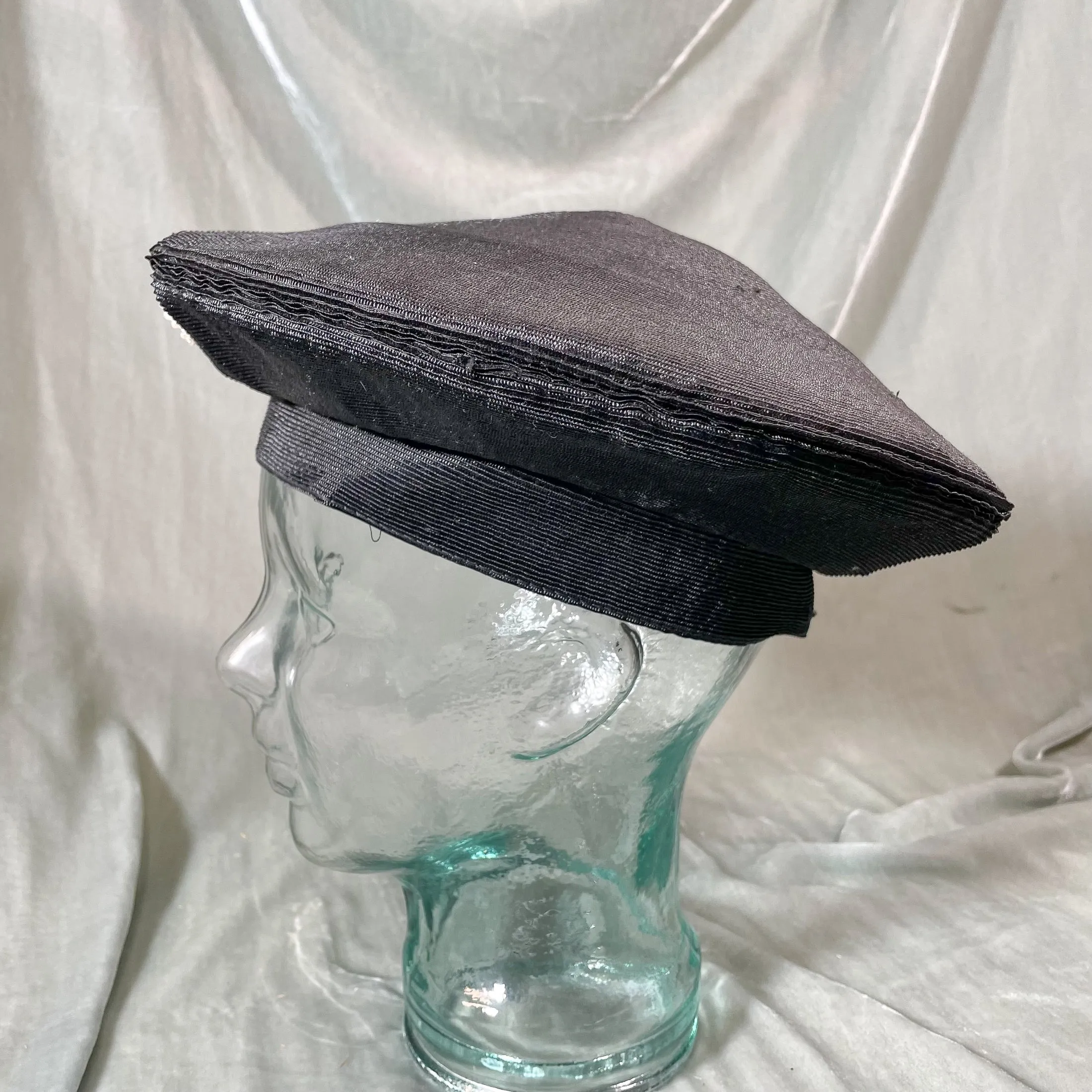 Gage Bros Vintage 40s Black Straw Tam O' Shanter Ladies Hat w/Bead Accents S