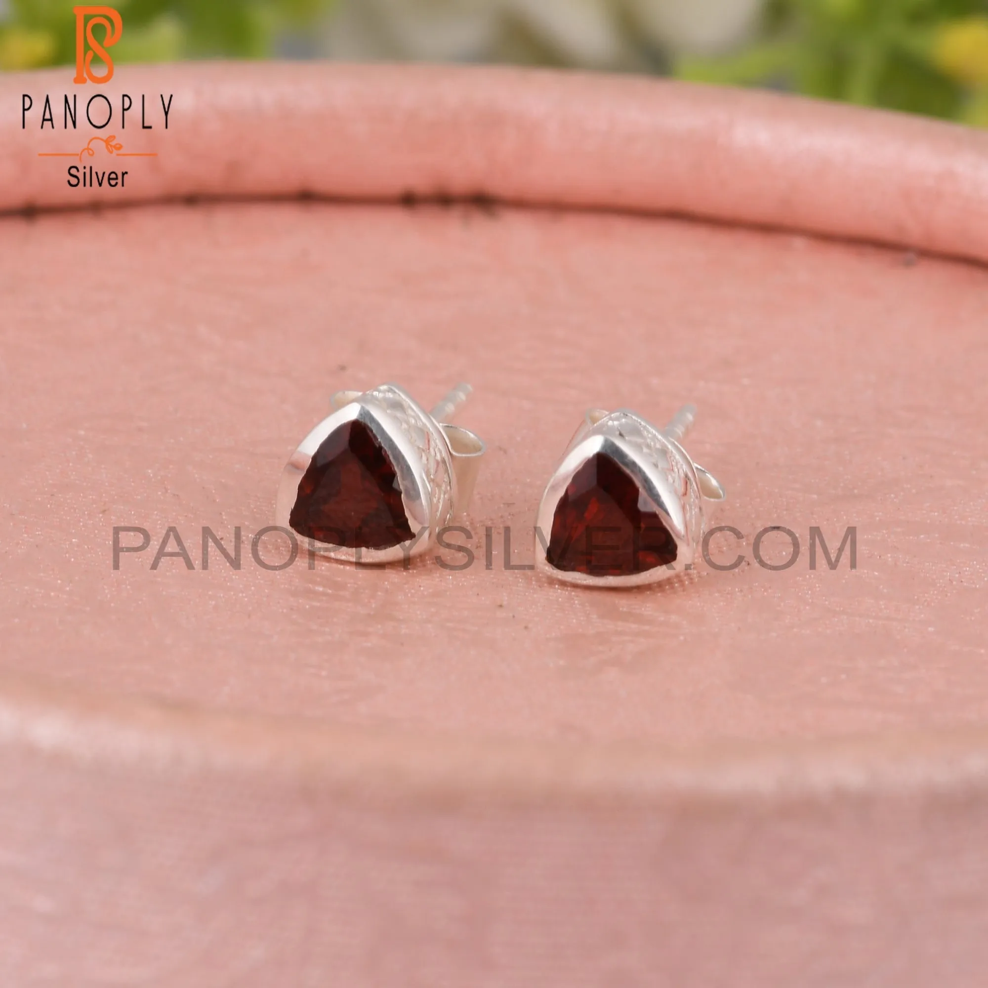 Garnet Trillion Shape 925 Sterling Silver Earrings