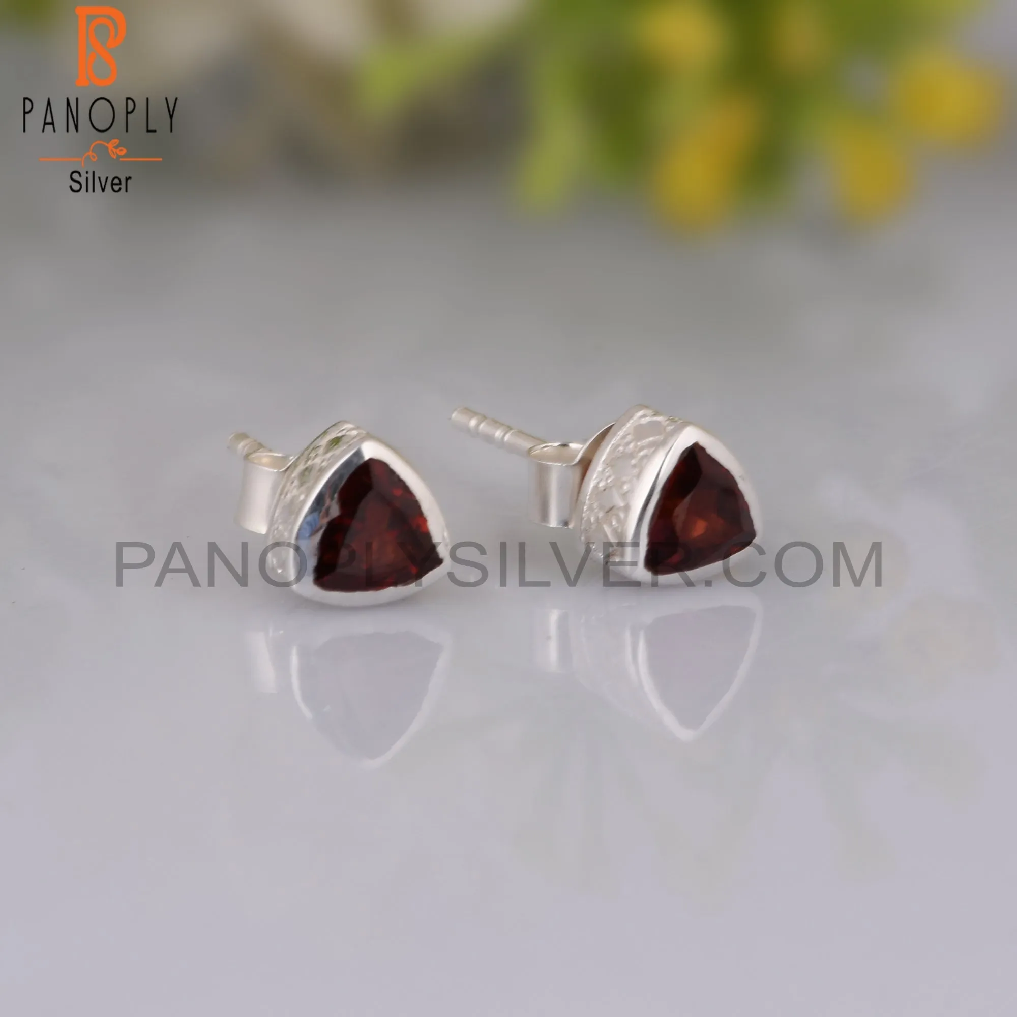 Garnet Trillion Shape 925 Sterling Silver Earrings