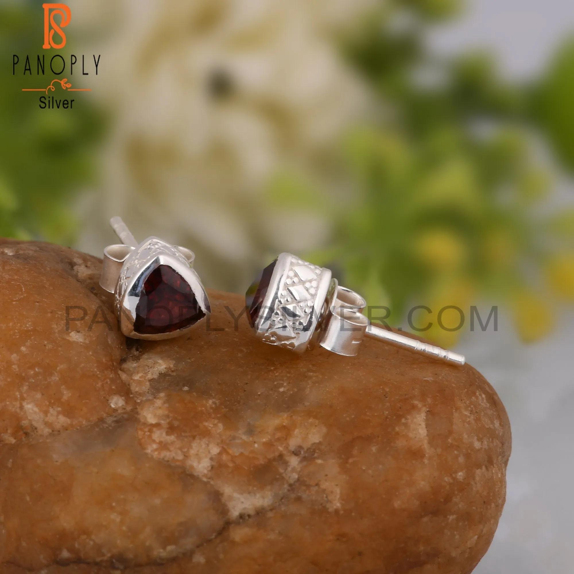Garnet Trillion Shape 925 Sterling Silver Earrings