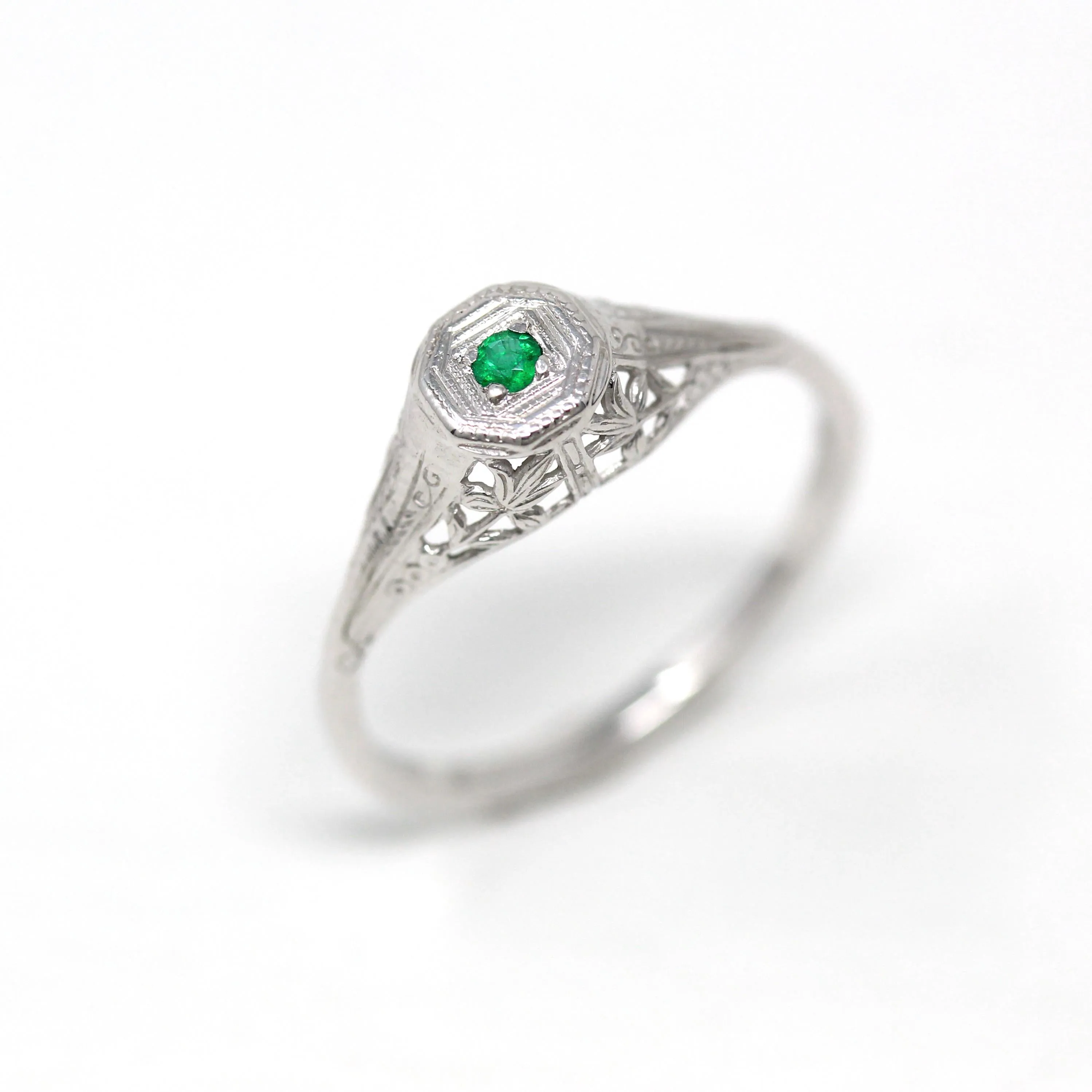 Genuine Emerald Ring - Art Deco 18k White Gold Filigree Round Faceted Green Gemstone - Vintage Circa 1930s Size 7 1/4 Solitaire Fine Jewelry