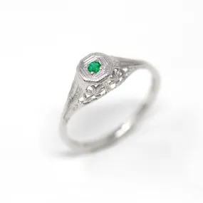 Genuine Emerald Ring - Art Deco 18k White Gold Filigree Round Faceted Green Gemstone - Vintage Circa 1930s Size 7 1/4 Solitaire Fine Jewelry