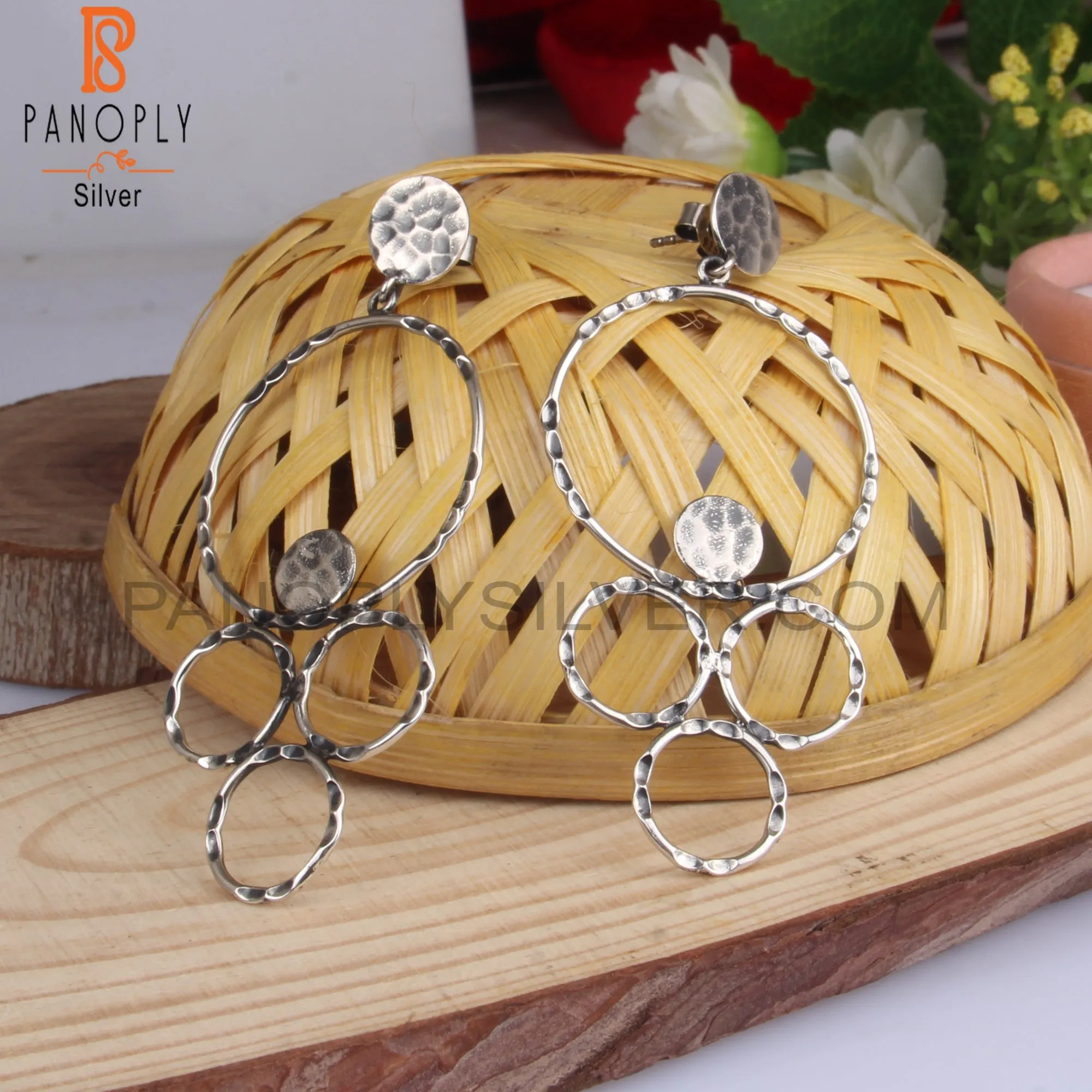 Geometric Textured 925 Sterling Silver Chandelier Earrings