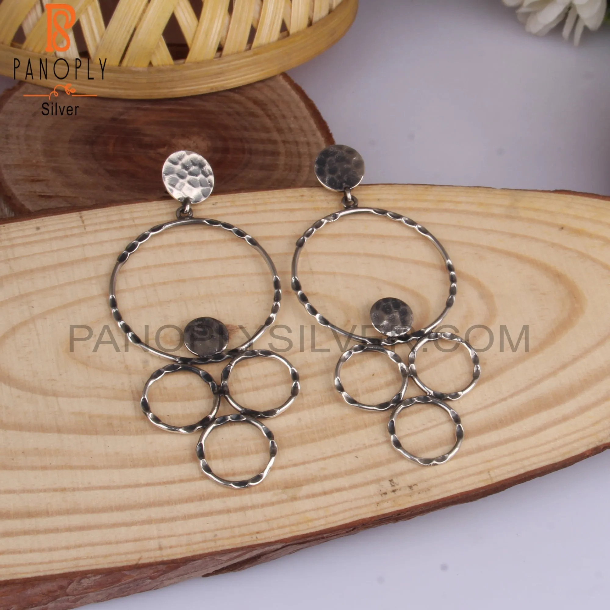 Geometric Textured 925 Sterling Silver Chandelier Earrings