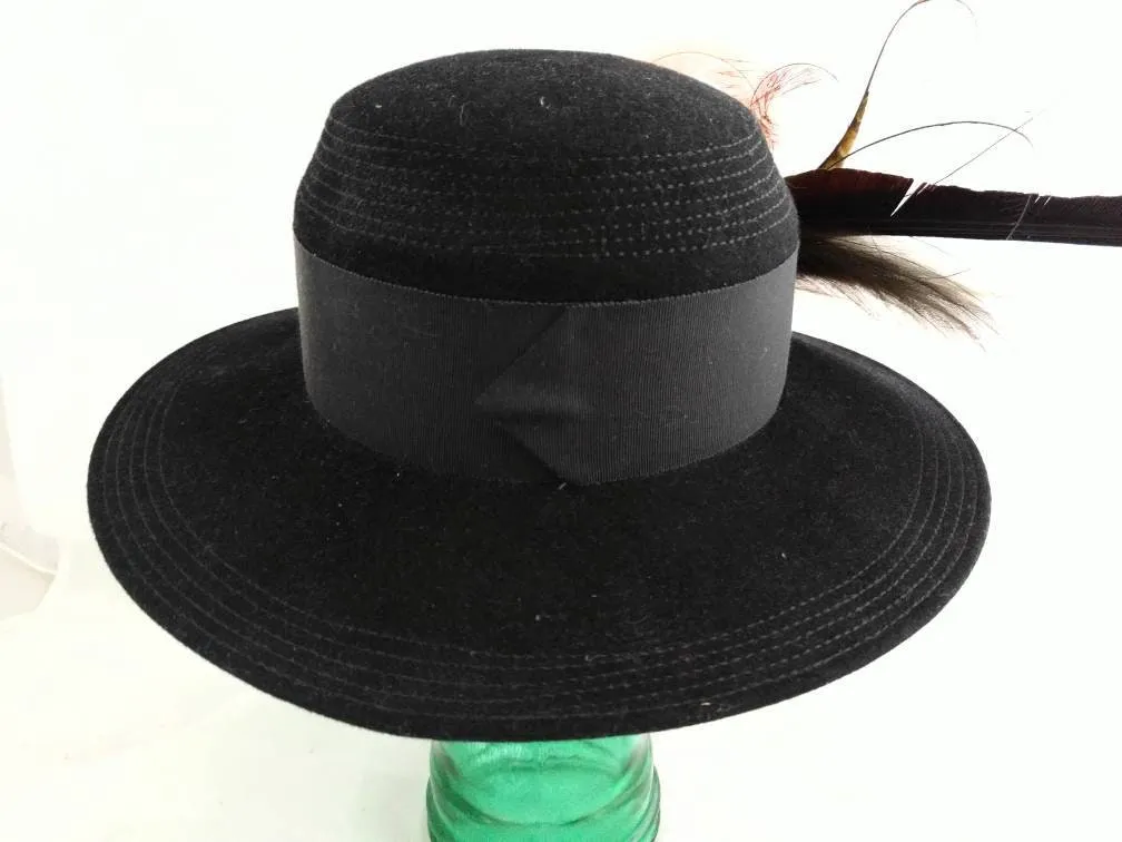 GEORGETTE Black Wide Brim Hat – Fur Felt, Feathered Side Accent, Elegant Vintage Hat, Made of Finest Imported Furfelt