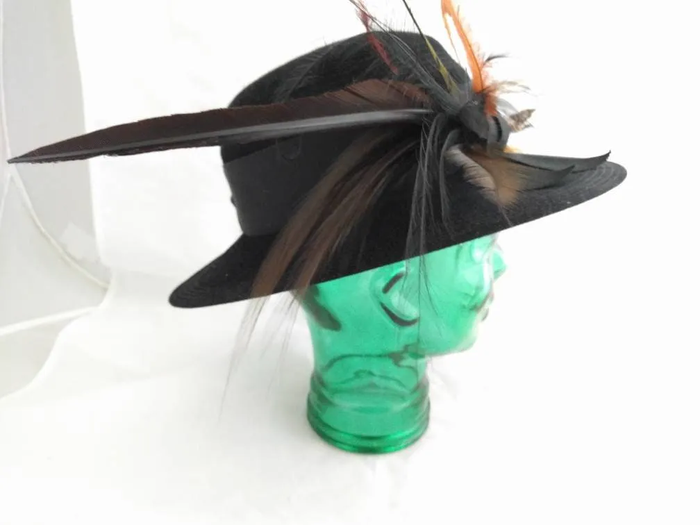 GEORGETTE Black Wide Brim Hat – Fur Felt, Feathered Side Accent, Elegant Vintage Hat, Made of Finest Imported Furfelt