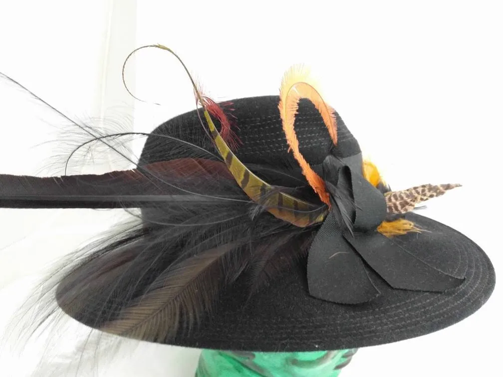 GEORGETTE Black Wide Brim Hat – Fur Felt, Feathered Side Accent, Elegant Vintage Hat, Made of Finest Imported Furfelt