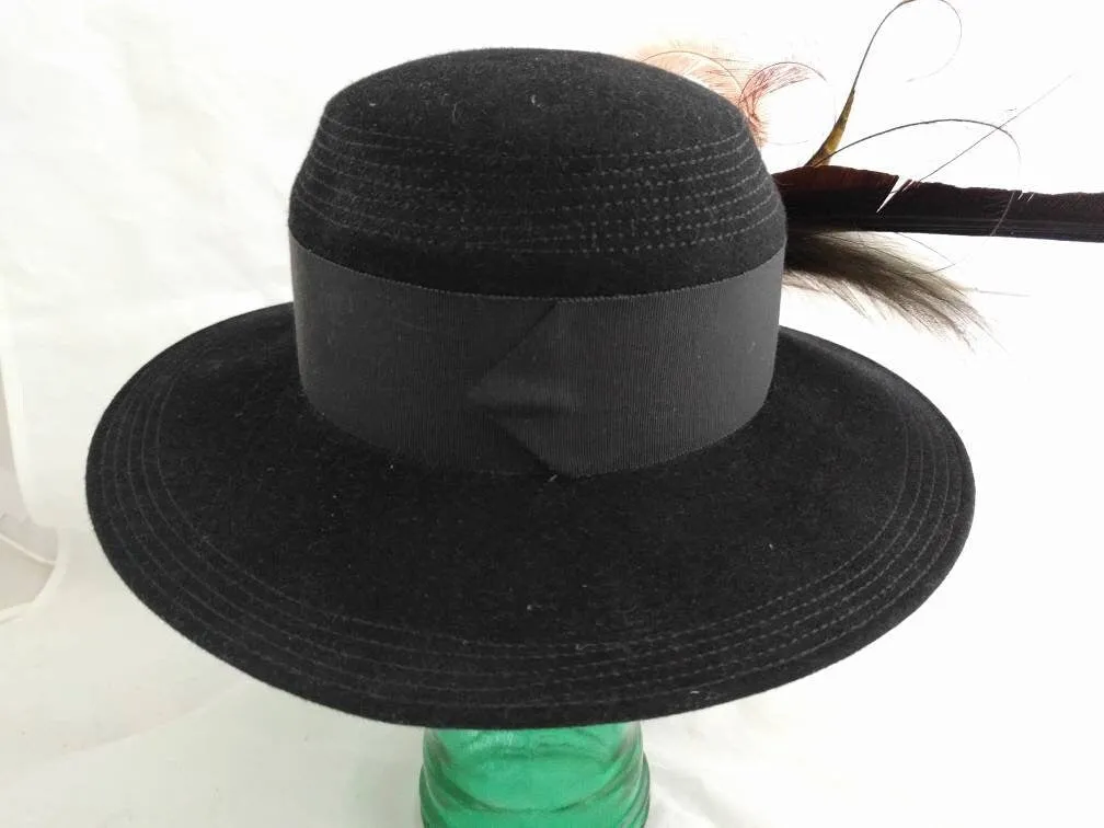 GEORGETTE Black Wide Brim Hat – Fur Felt, Feathered Side Accent, Elegant Vintage Hat, Made of Finest Imported Furfelt