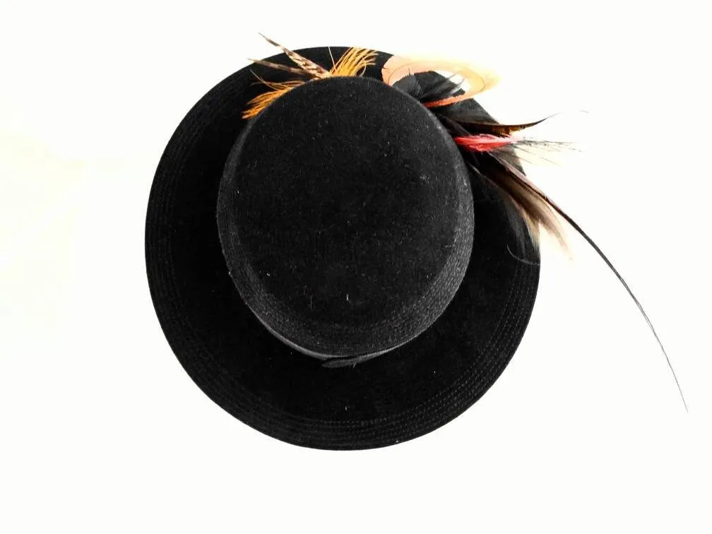 GEORGETTE Black Wide Brim Hat – Fur Felt, Feathered Side Accent, Elegant Vintage Hat, Made of Finest Imported Furfelt