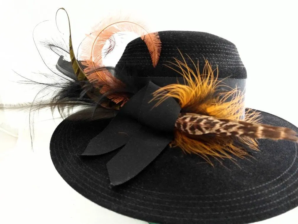 GEORGETTE Black Wide Brim Hat – Fur Felt, Feathered Side Accent, Elegant Vintage Hat, Made of Finest Imported Furfelt