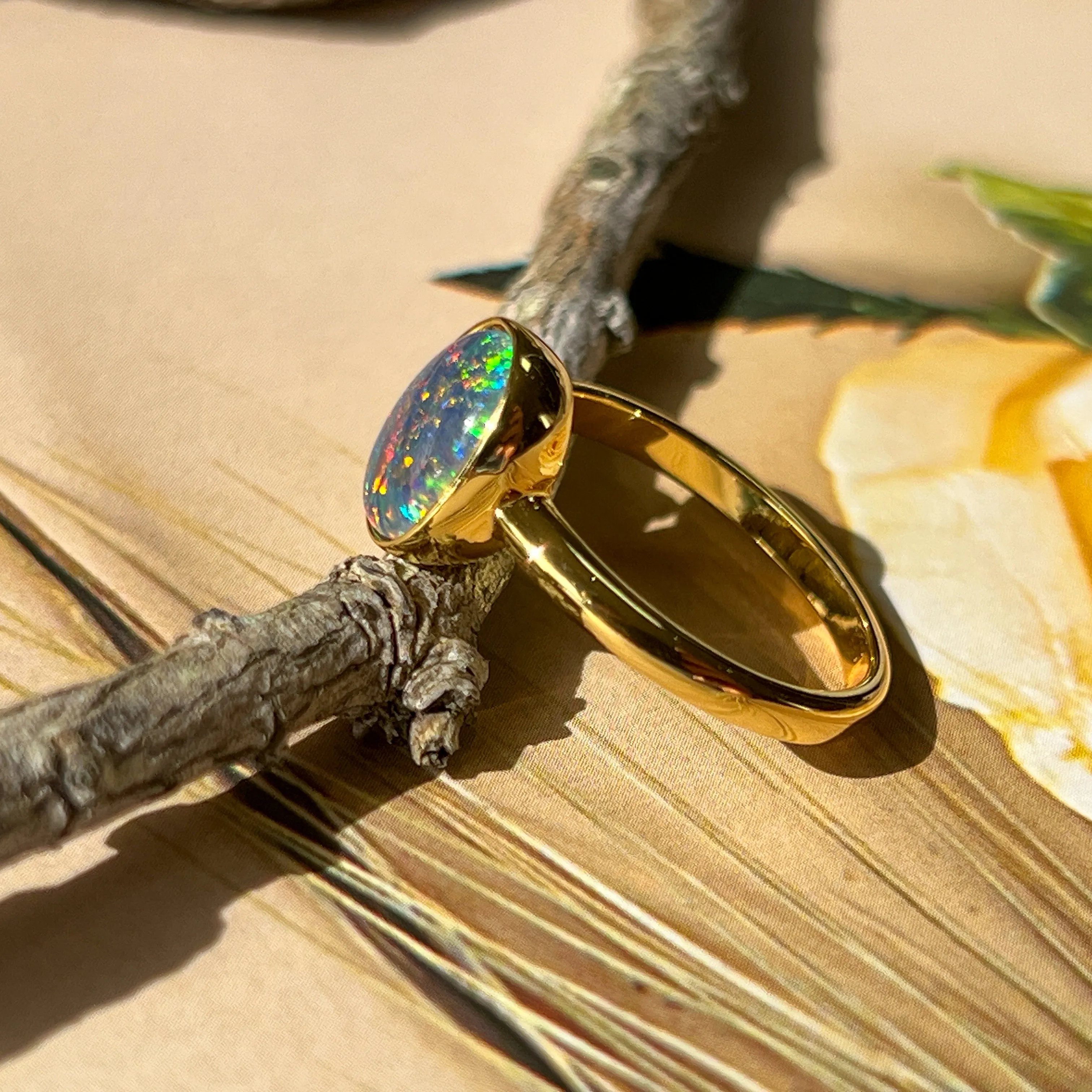 Gold-Plated Silver Ring with 10x8mm Triplet Opal - Bezel Set, Handcrafted Gemstone Jewelry, Perfect Gift for Her, Opal Ring