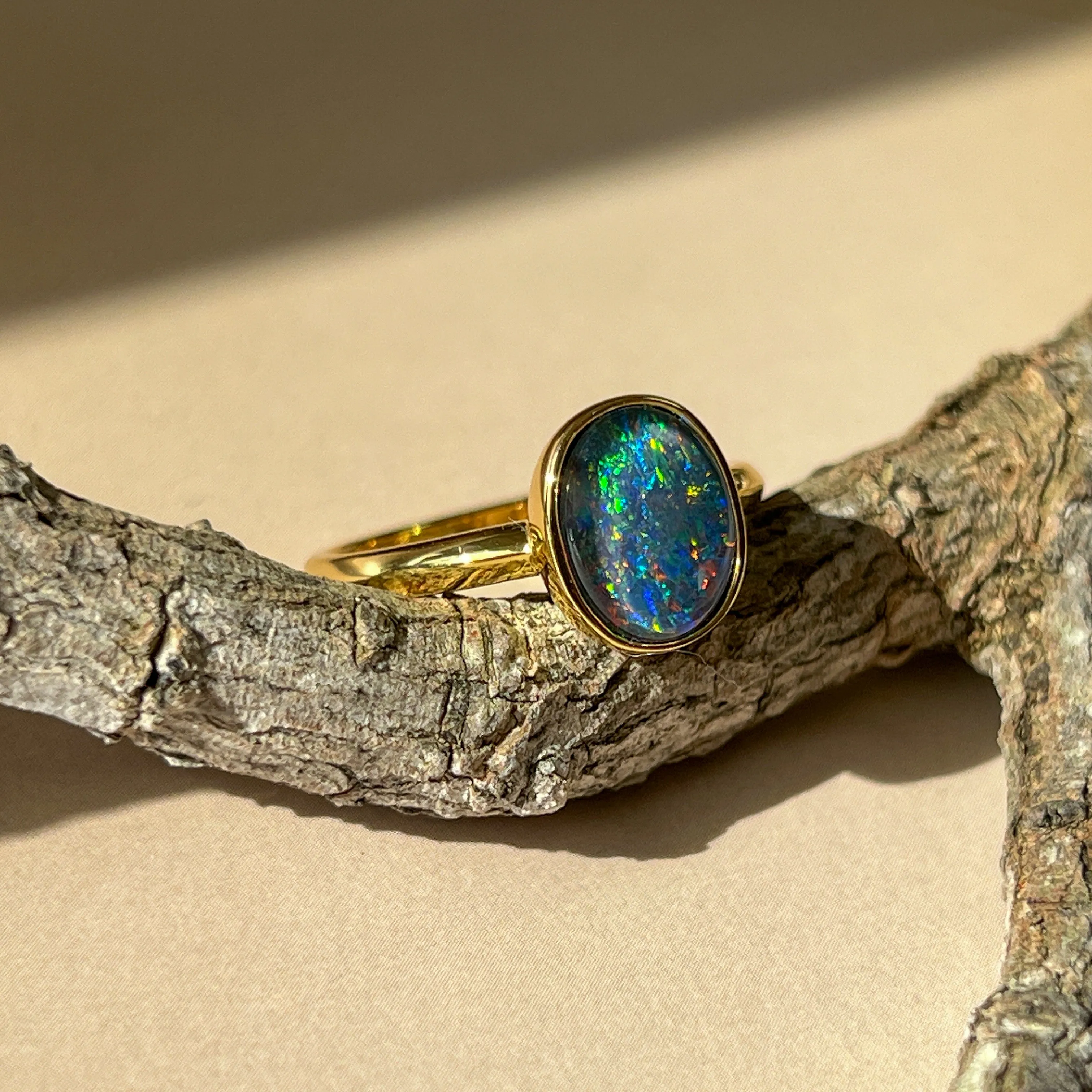 Gold-Plated Silver Ring with 10x8mm Triplet Opal - Bezel Set, Handcrafted Gemstone Jewelry, Perfect Gift for Her, Opal Ring