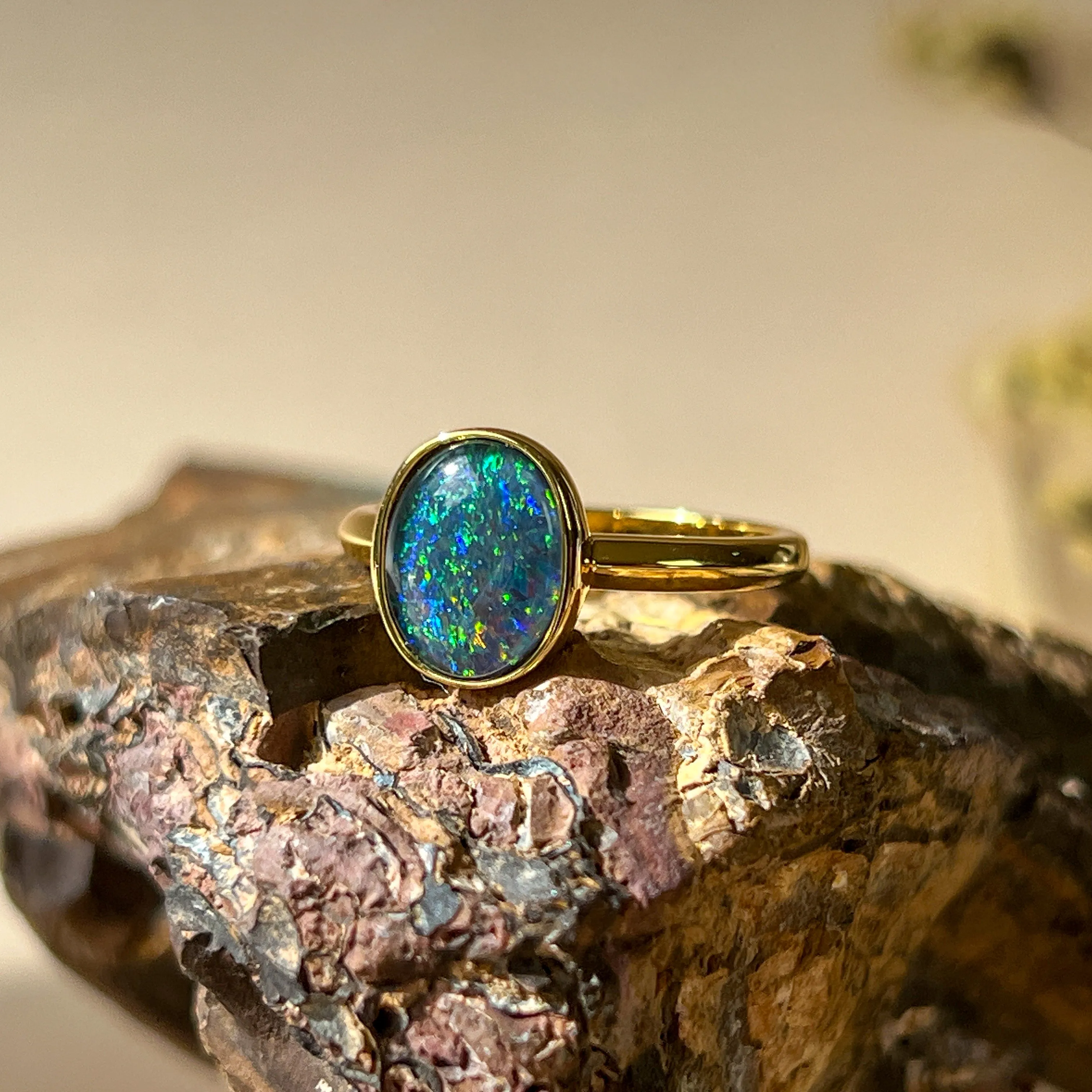 Gold-Plated Silver Ring with 10x8mm Triplet Opal - Bezel Set, Handcrafted Gemstone Jewelry, Perfect Gift for Her, Opal Ring