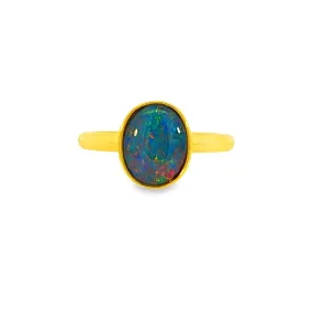 Gold-Plated Silver Ring with 10x8mm Triplet Opal - Bezel Set, Handcrafted Gemstone Jewelry, Perfect Gift for Her, Opal Ring