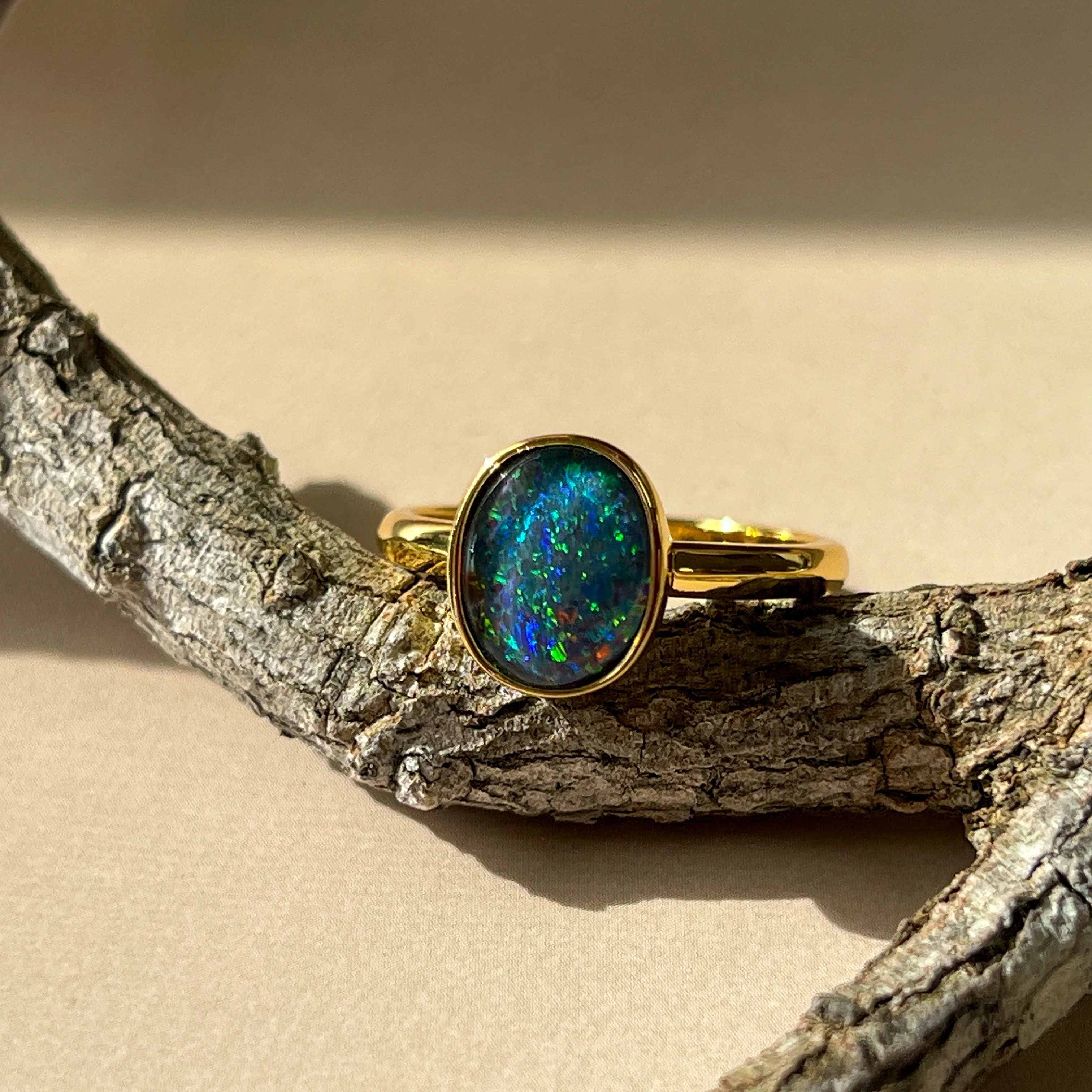 Gold-Plated Silver Ring with 10x8mm Triplet Opal - Bezel Set, Handcrafted Gemstone Jewelry, Perfect Gift for Her, Opal Ring