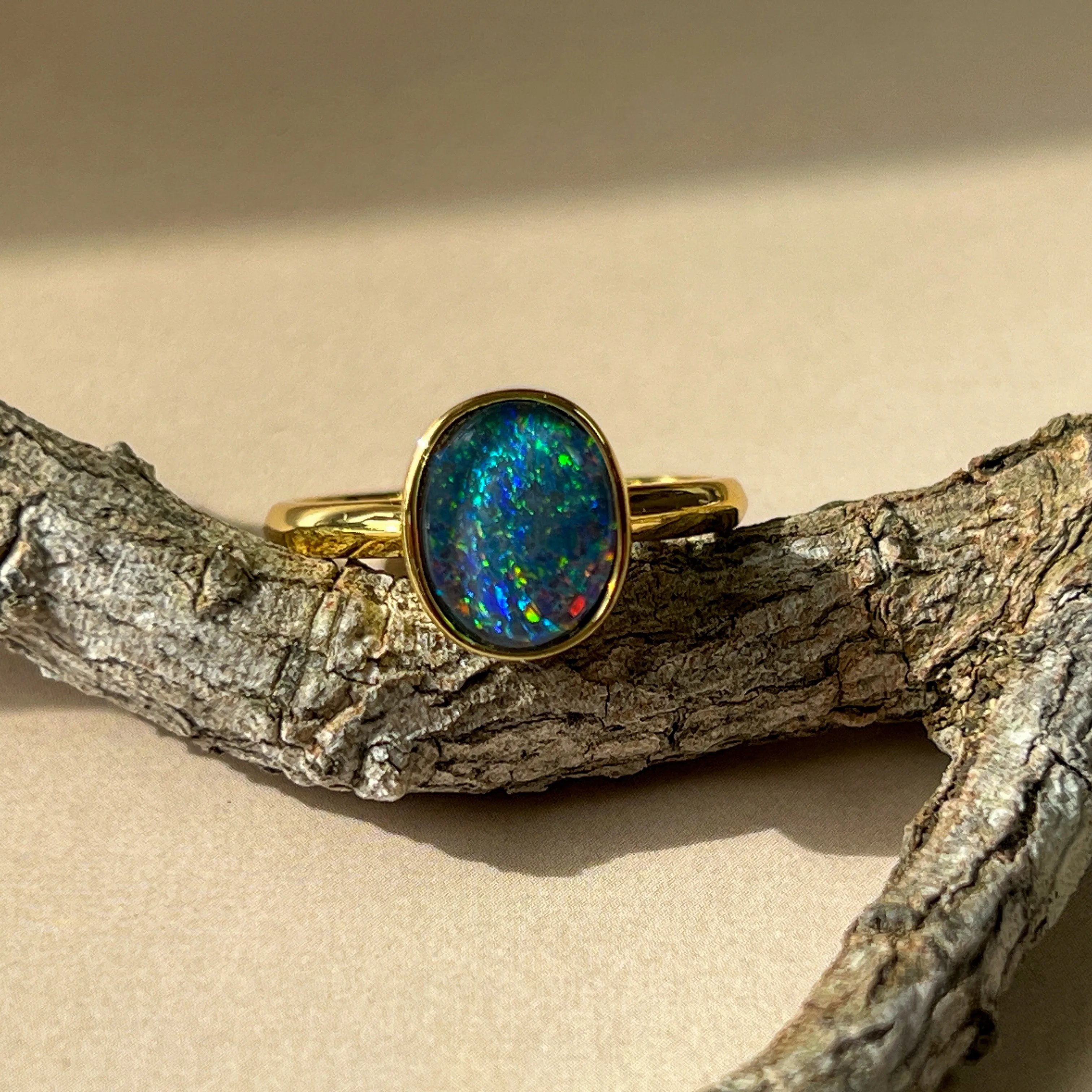 Gold-Plated Silver Ring with 10x8mm Triplet Opal - Bezel Set, Handcrafted Gemstone Jewelry, Perfect Gift for Her, Opal Ring