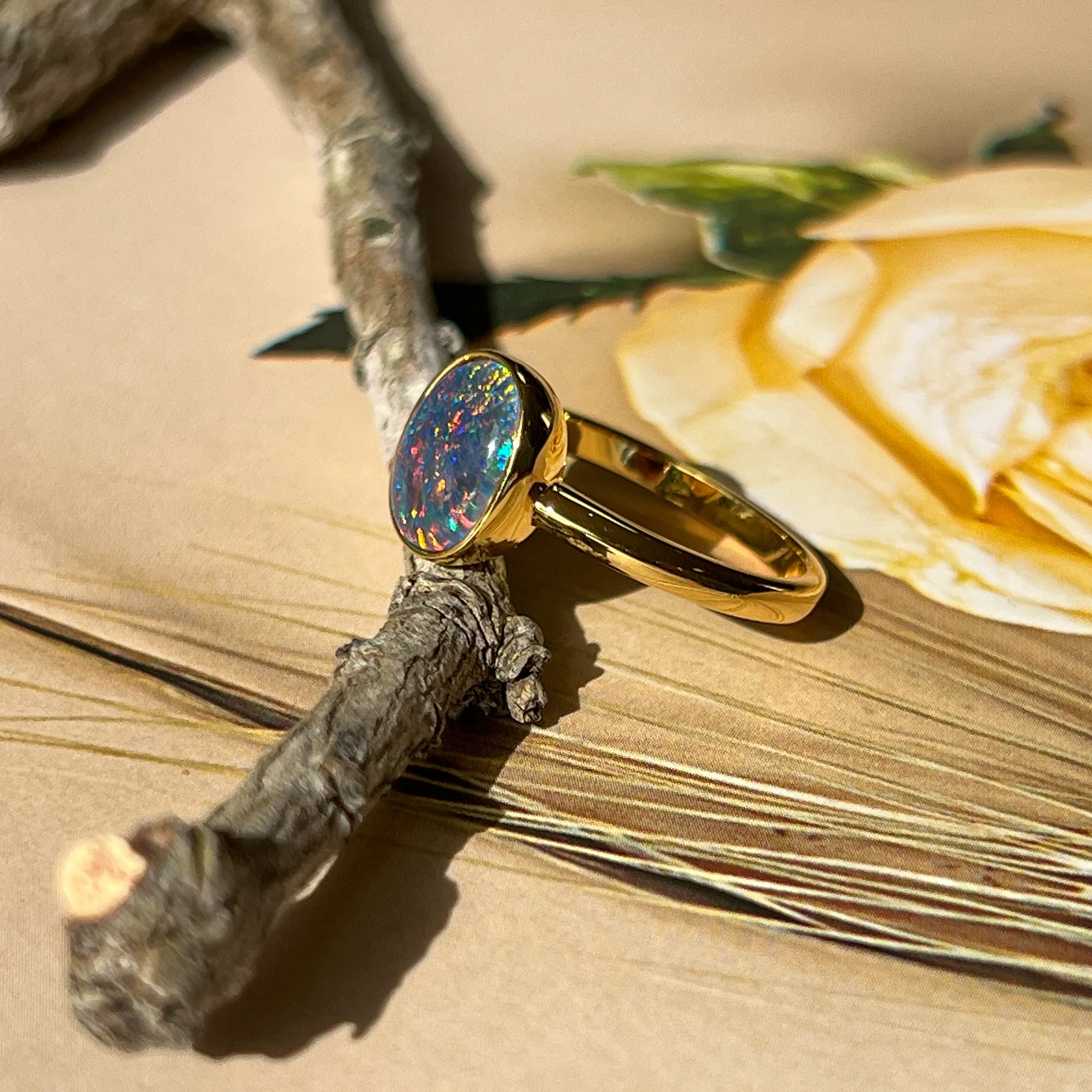 Gold-Plated Silver Ring with 10x8mm Triplet Opal - Bezel Set, Handcrafted Gemstone Jewelry, Perfect Gift for Her, Opal Ring