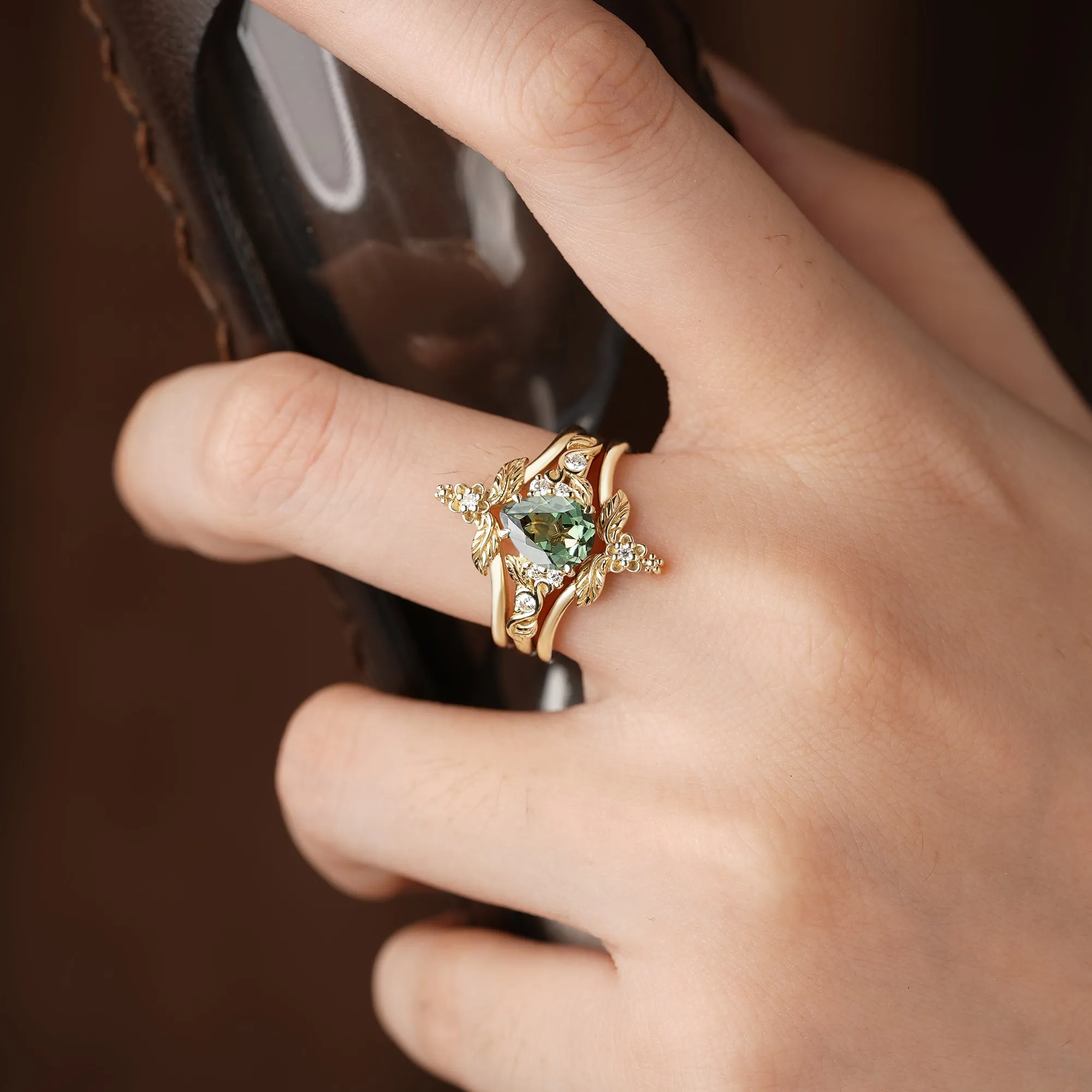 Green Sapphire Leaf Ring Set - Seraphina