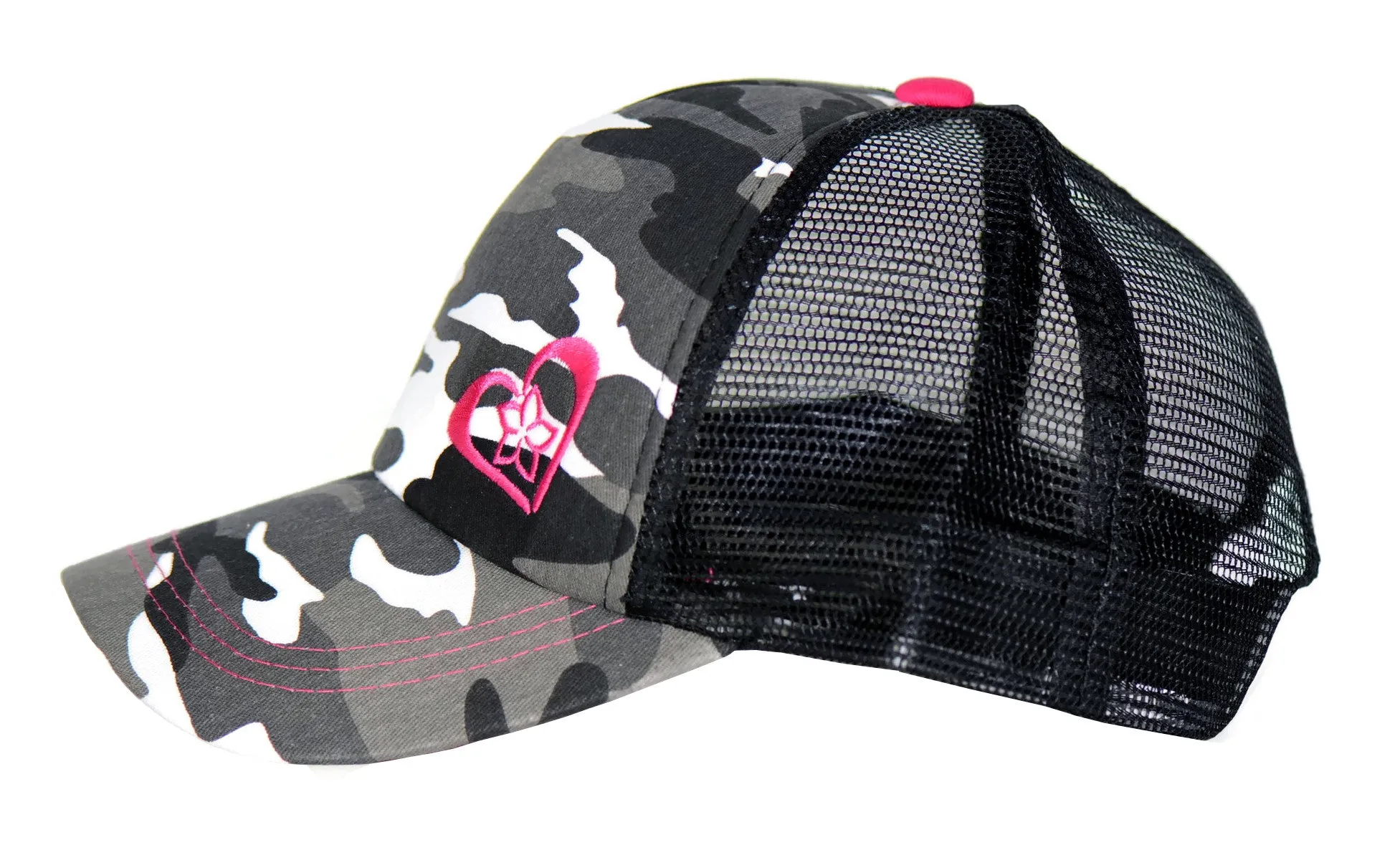 Grey Camo Trucker Hat with Pink Details