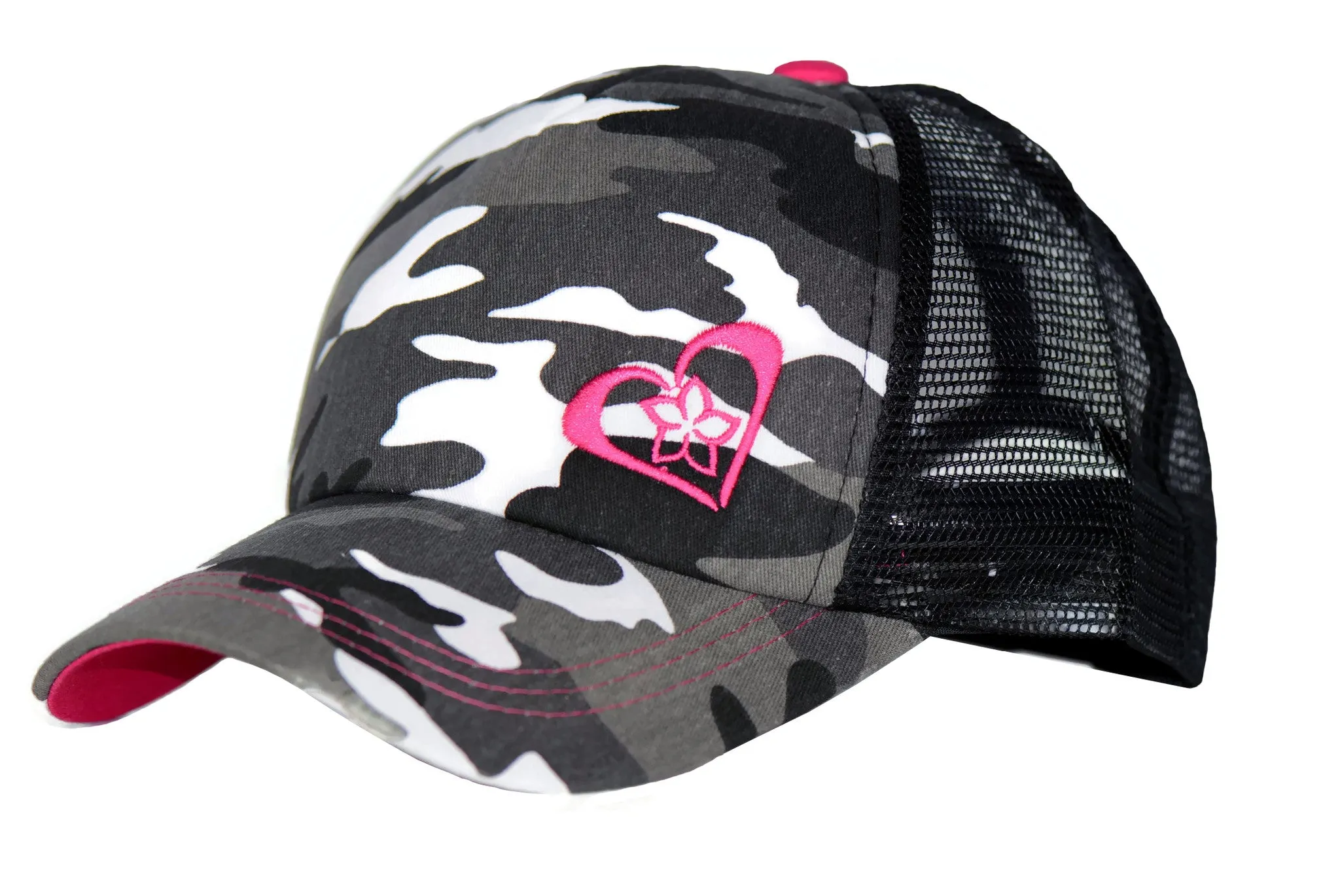 Grey Camo Trucker Hat with Pink Details