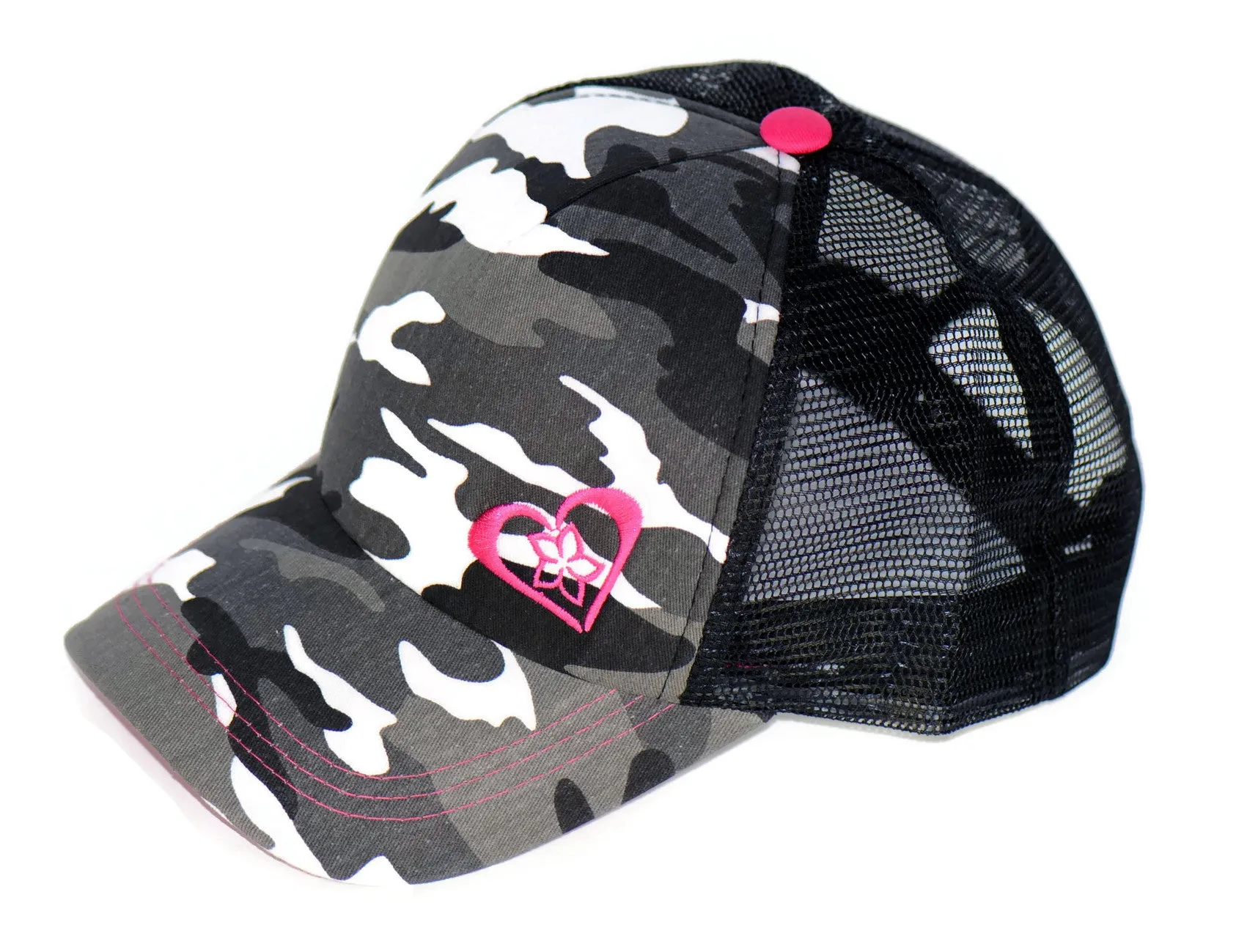 Grey Camo Trucker Hat with Pink Details