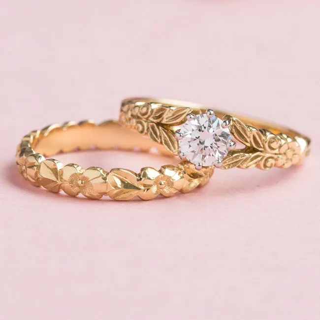 Hand Engraved Floral Wedding Ring in 18ct Yellow Gold