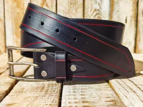 Handmade Black Leather Belt with Red Line Frame - 42cm Width and Silver Buckle - Quality Leather Accessory