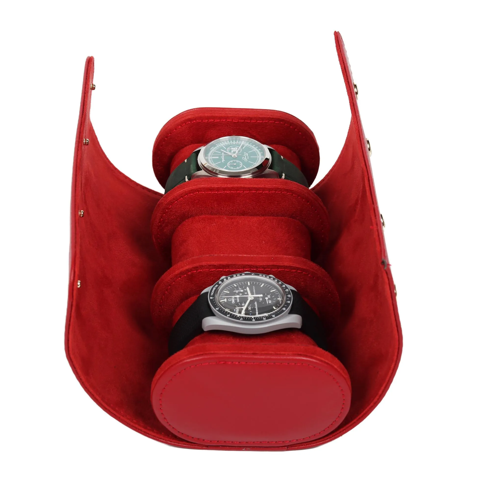 HQ 3 Slot Luxury Travel Watch Case Genuine Leather - Velvet Red