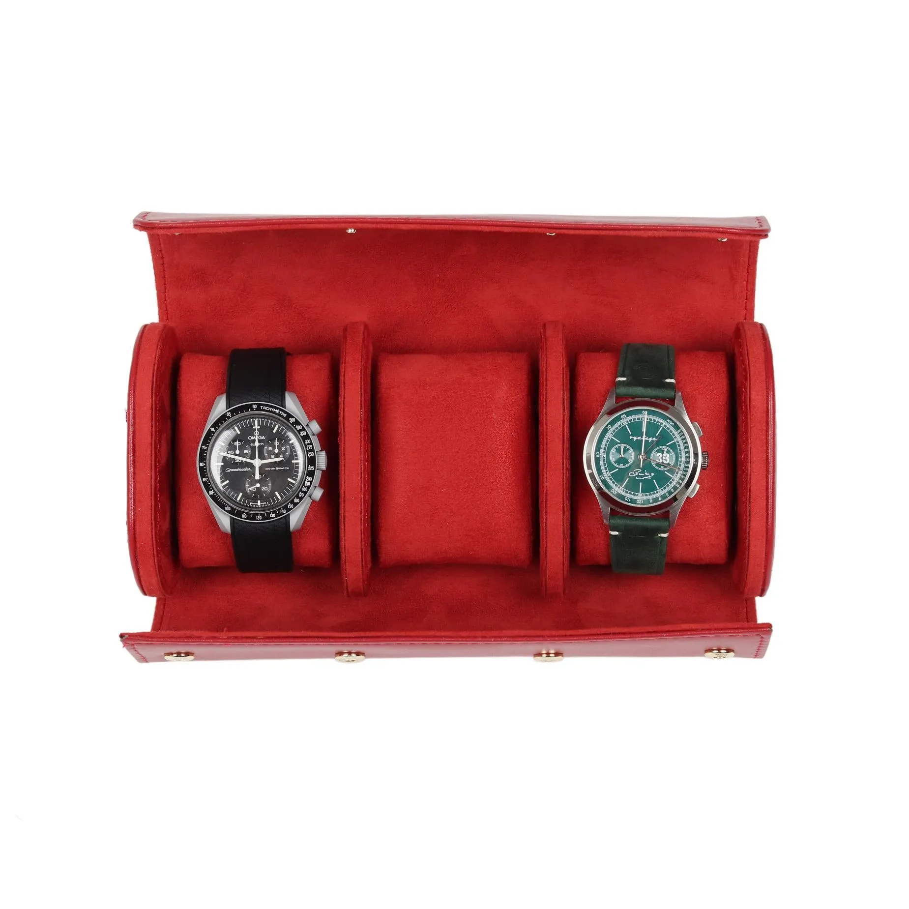 HQ 3 Slot Luxury Travel Watch Case Genuine Leather - Velvet Red