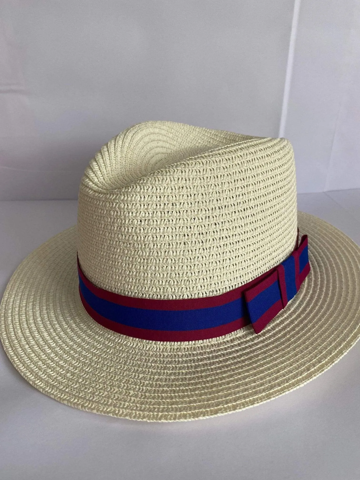 Izzi Accessories Fedora Cream Striped Red Blue Hat SH374