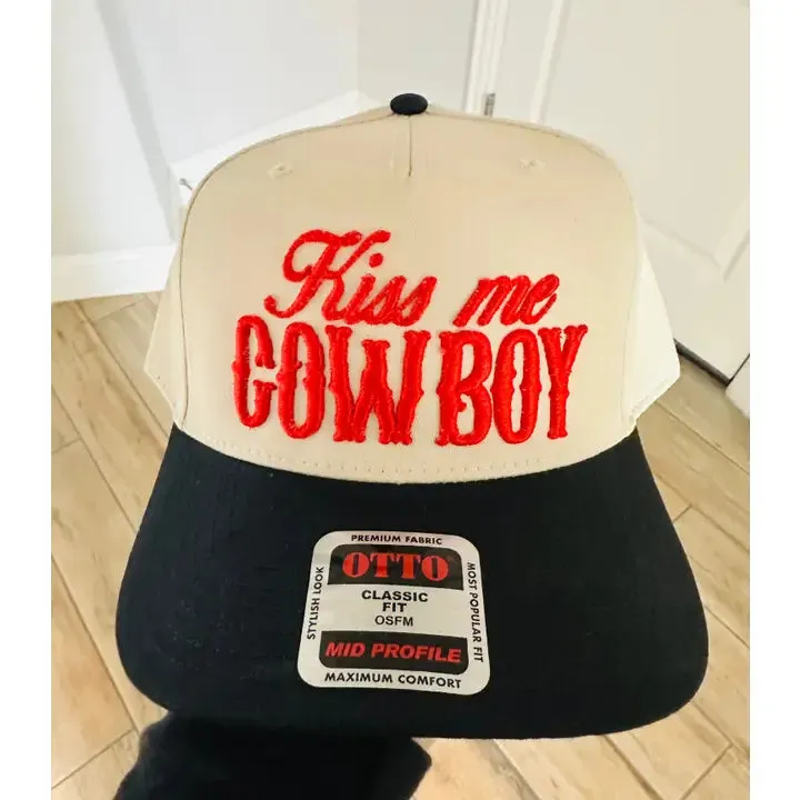 Kiss Me Cowboy Puff Embroidery Trucker Hat