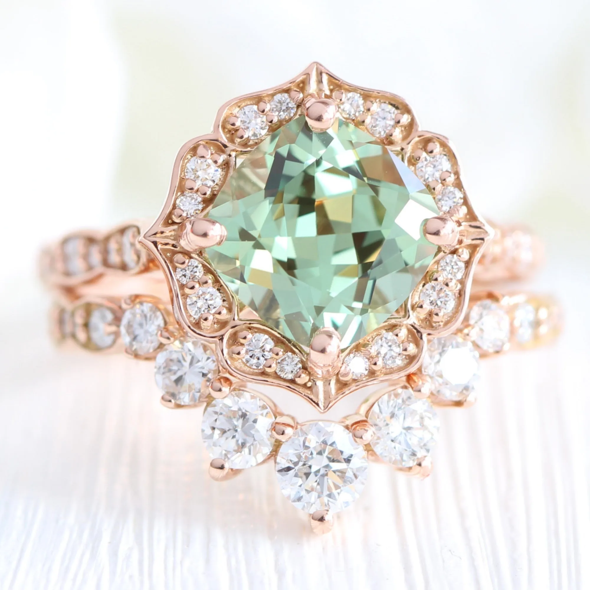 Large Cushion Green Sapphire Ring in Vintage Floral Diamond Band