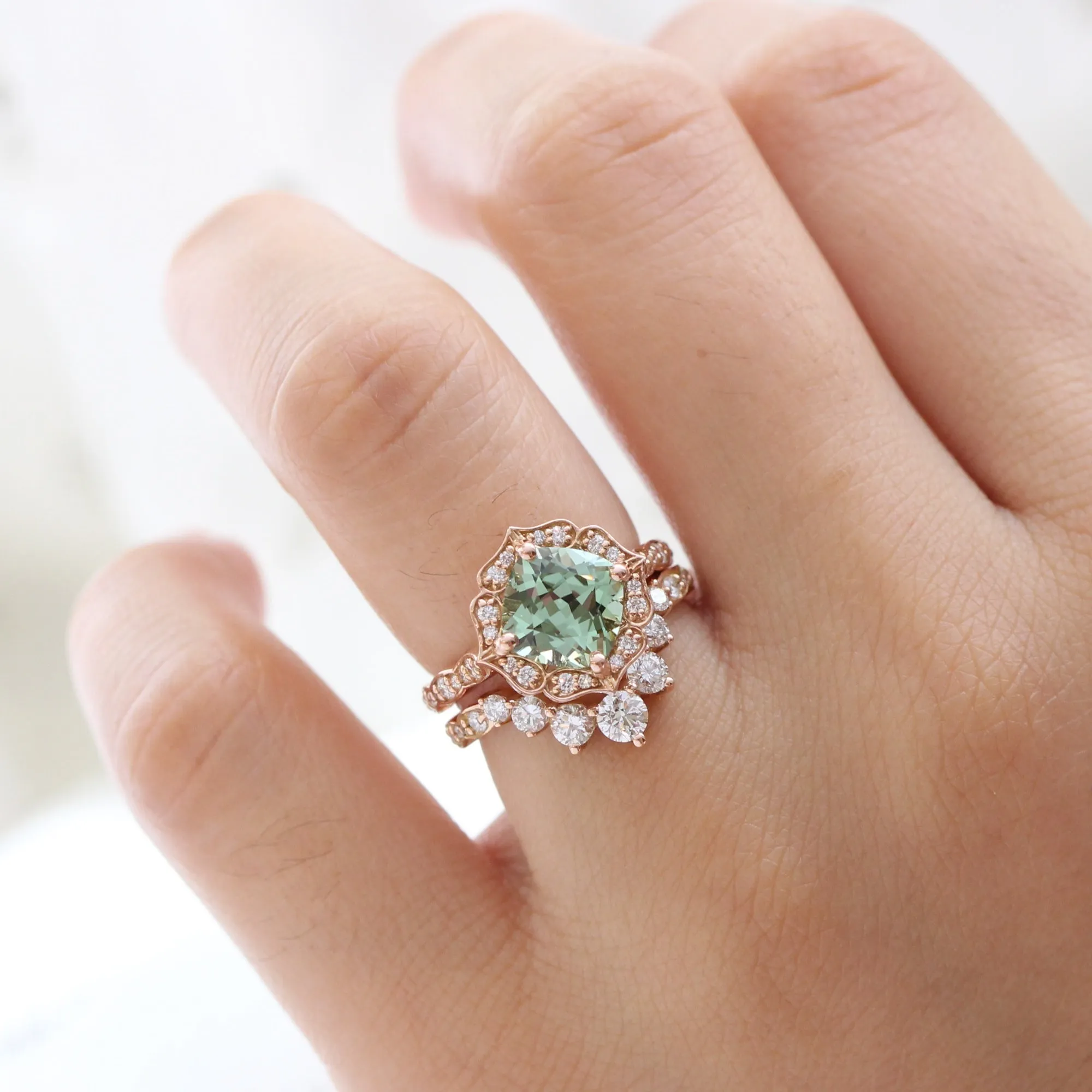 Large Cushion Green Sapphire Ring in Vintage Floral Diamond Band