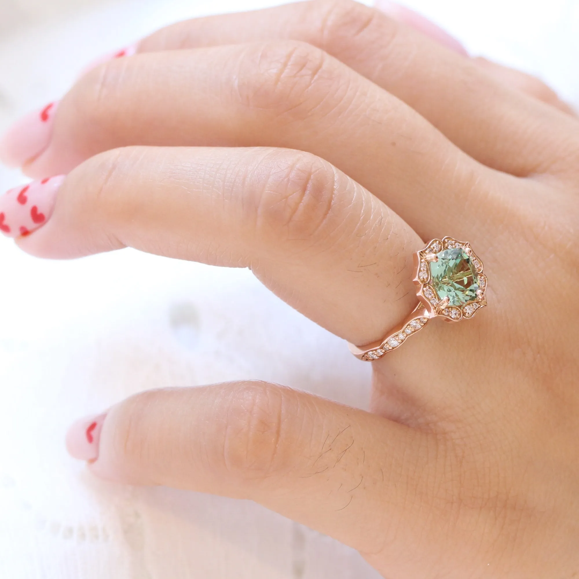 Large Cushion Green Sapphire Ring in Vintage Floral Diamond Band