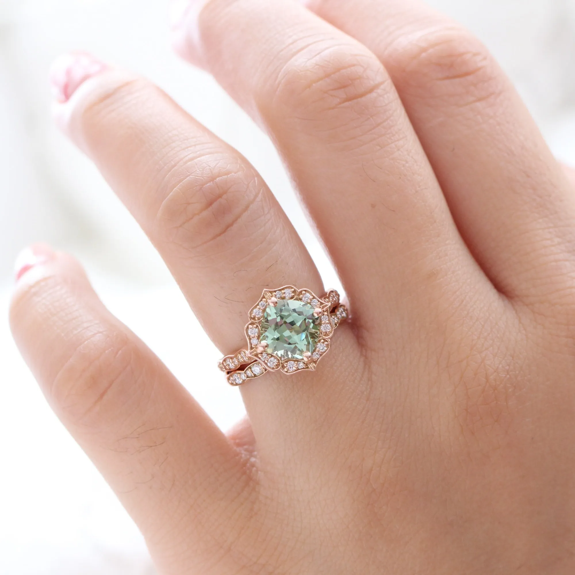 Large Cushion Green Sapphire Ring in Vintage Floral Diamond Band