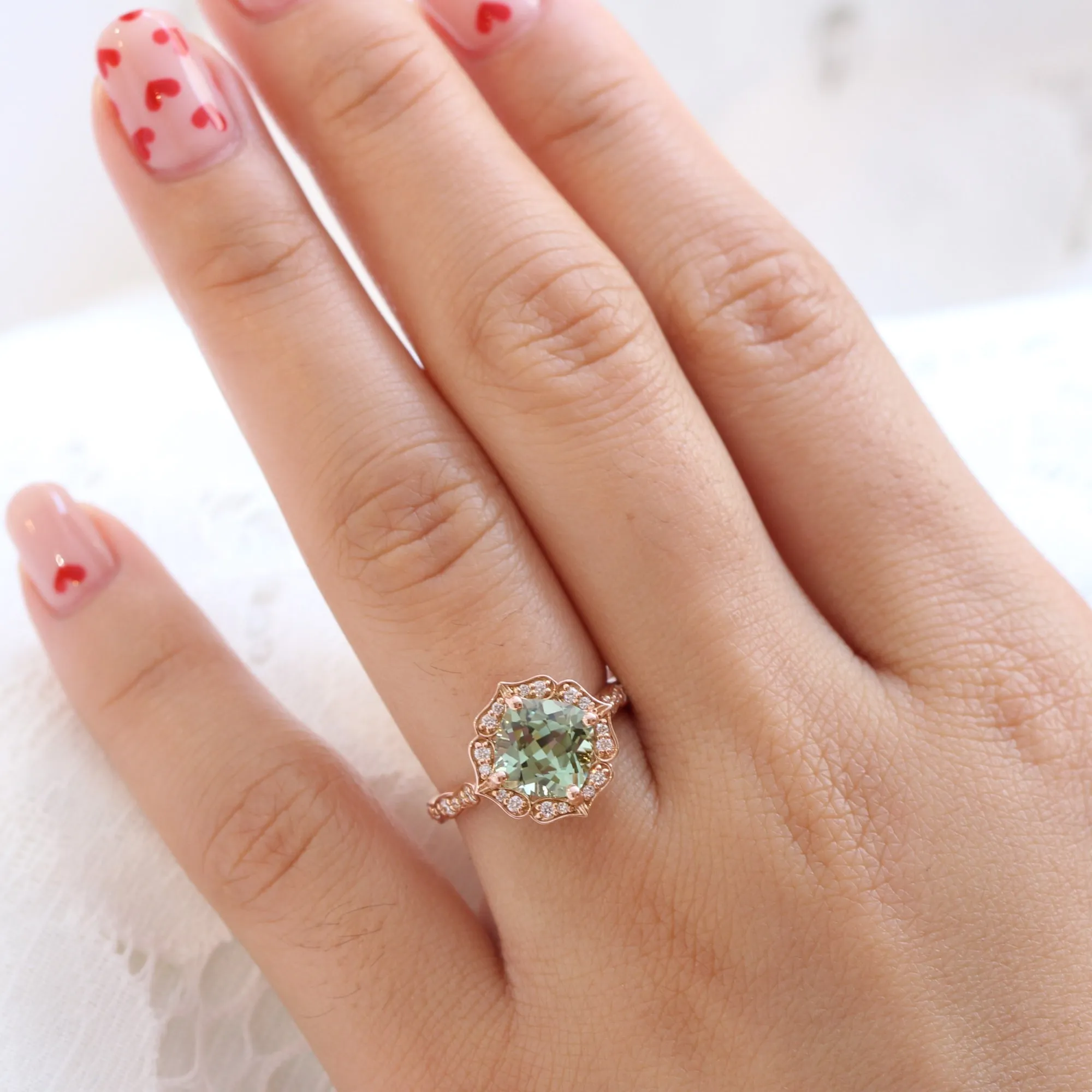Large Cushion Green Sapphire Ring in Vintage Floral Diamond Band