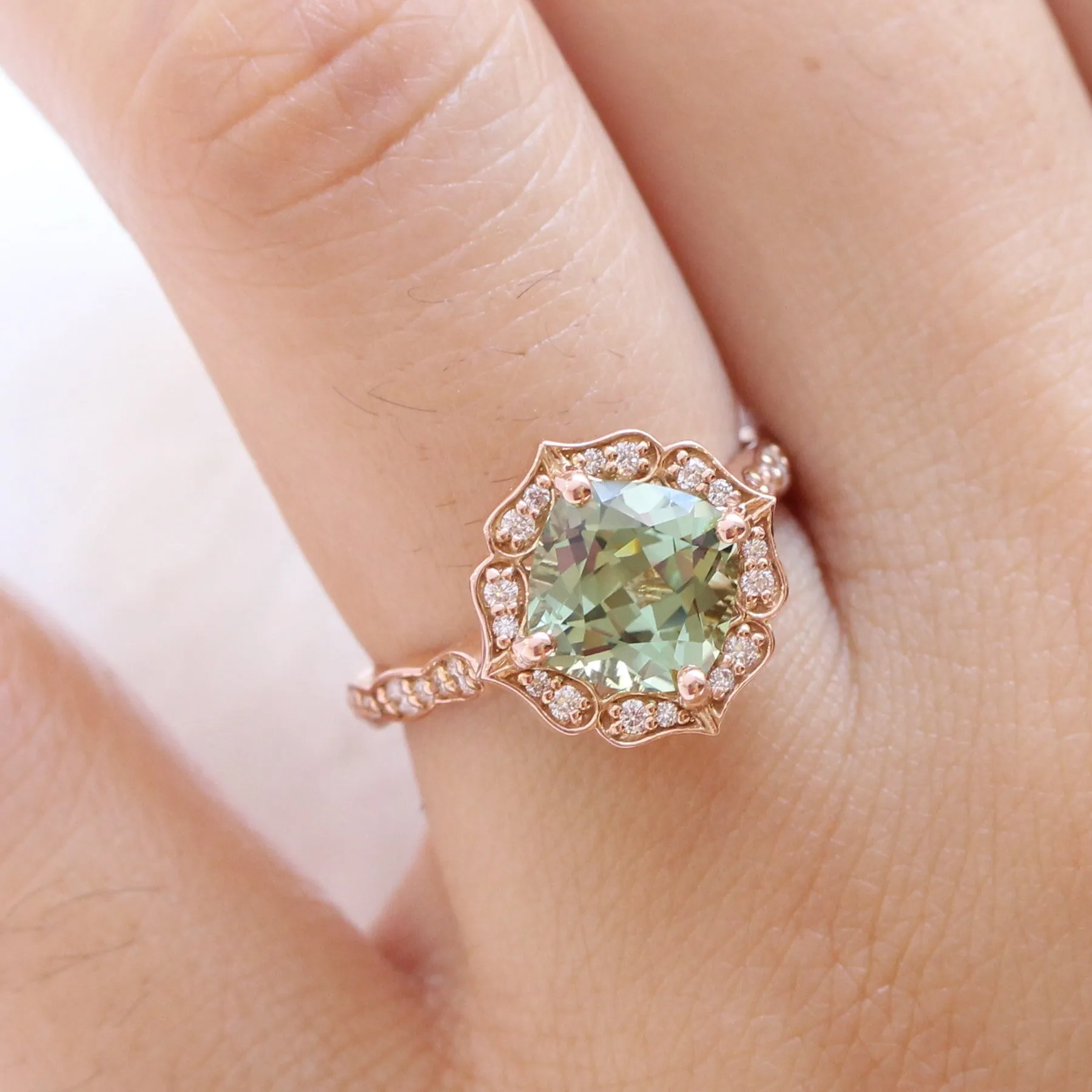 Large Cushion Green Sapphire Ring in Vintage Floral Diamond Band