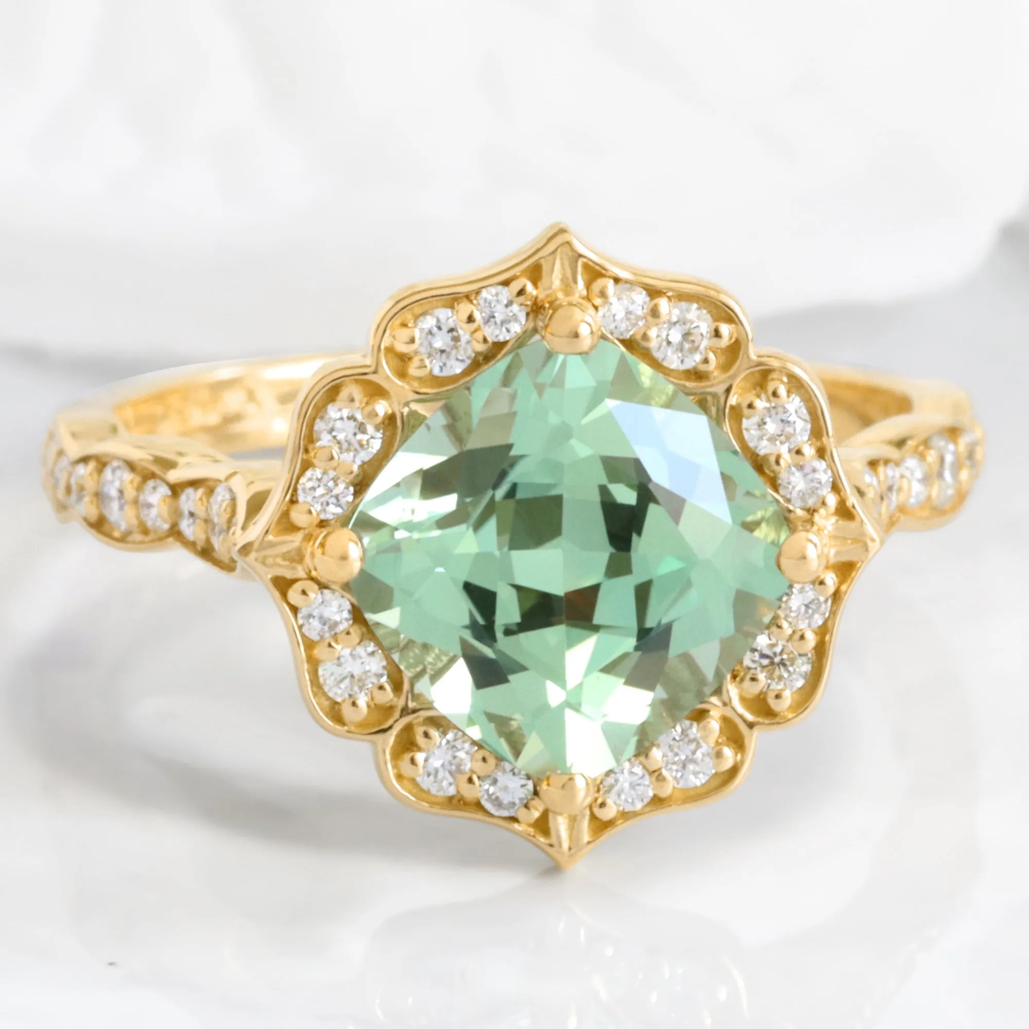 Large Cushion Green Sapphire Ring in Vintage Floral Diamond Band