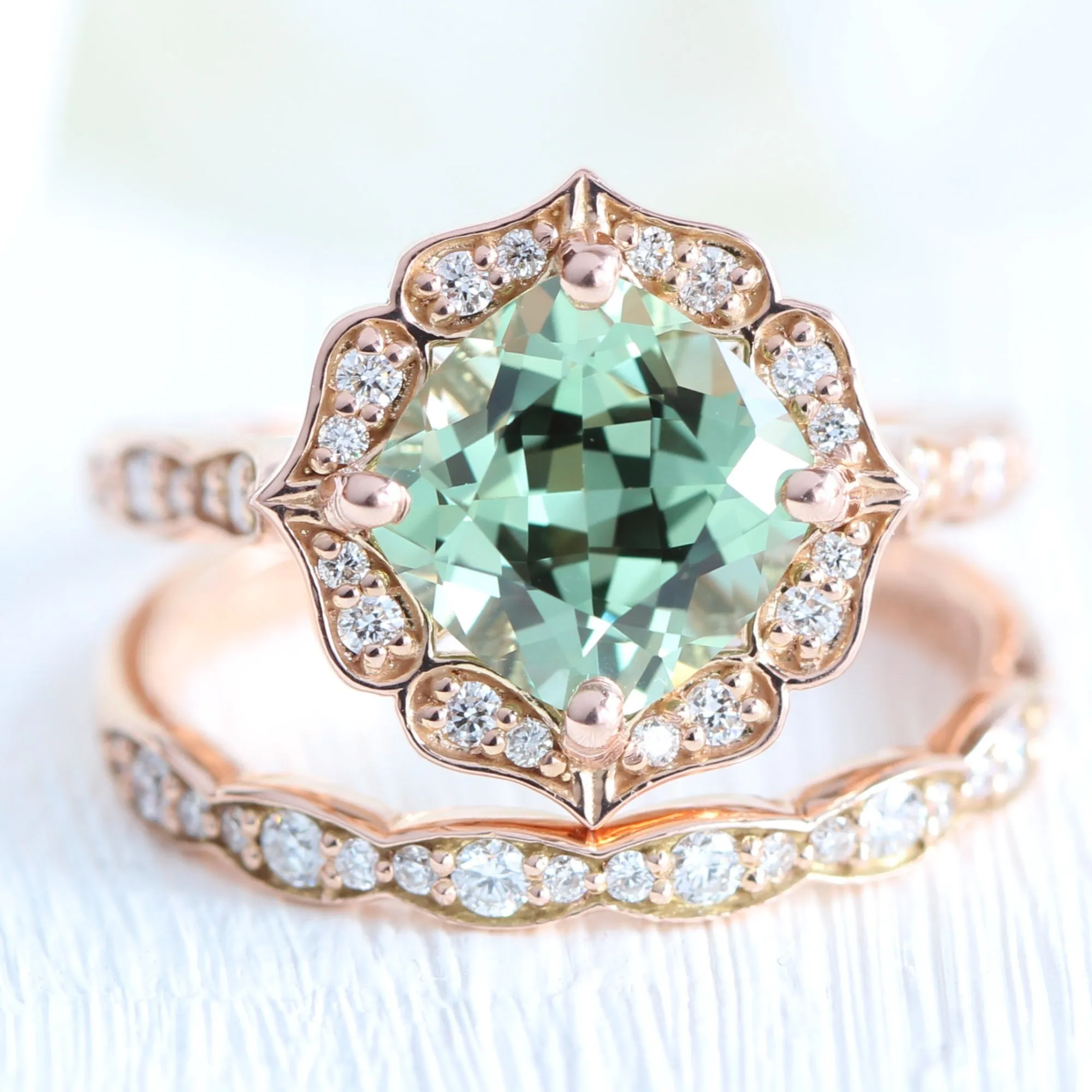 Large Cushion Green Sapphire Ring in Vintage Floral Diamond Band