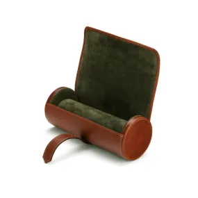 Large Leather Watch Roll - Dark Tan With Green