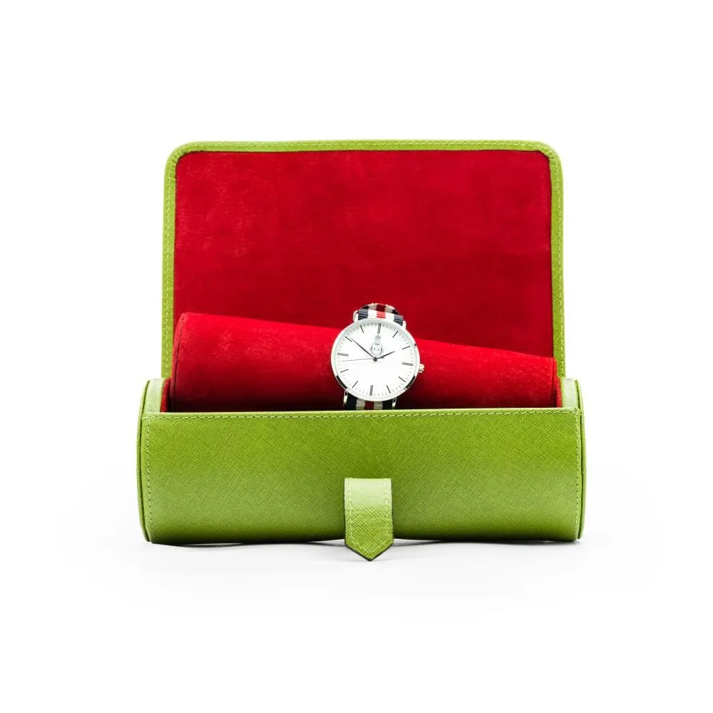 Large Leather Watch Roll - Lime With Red