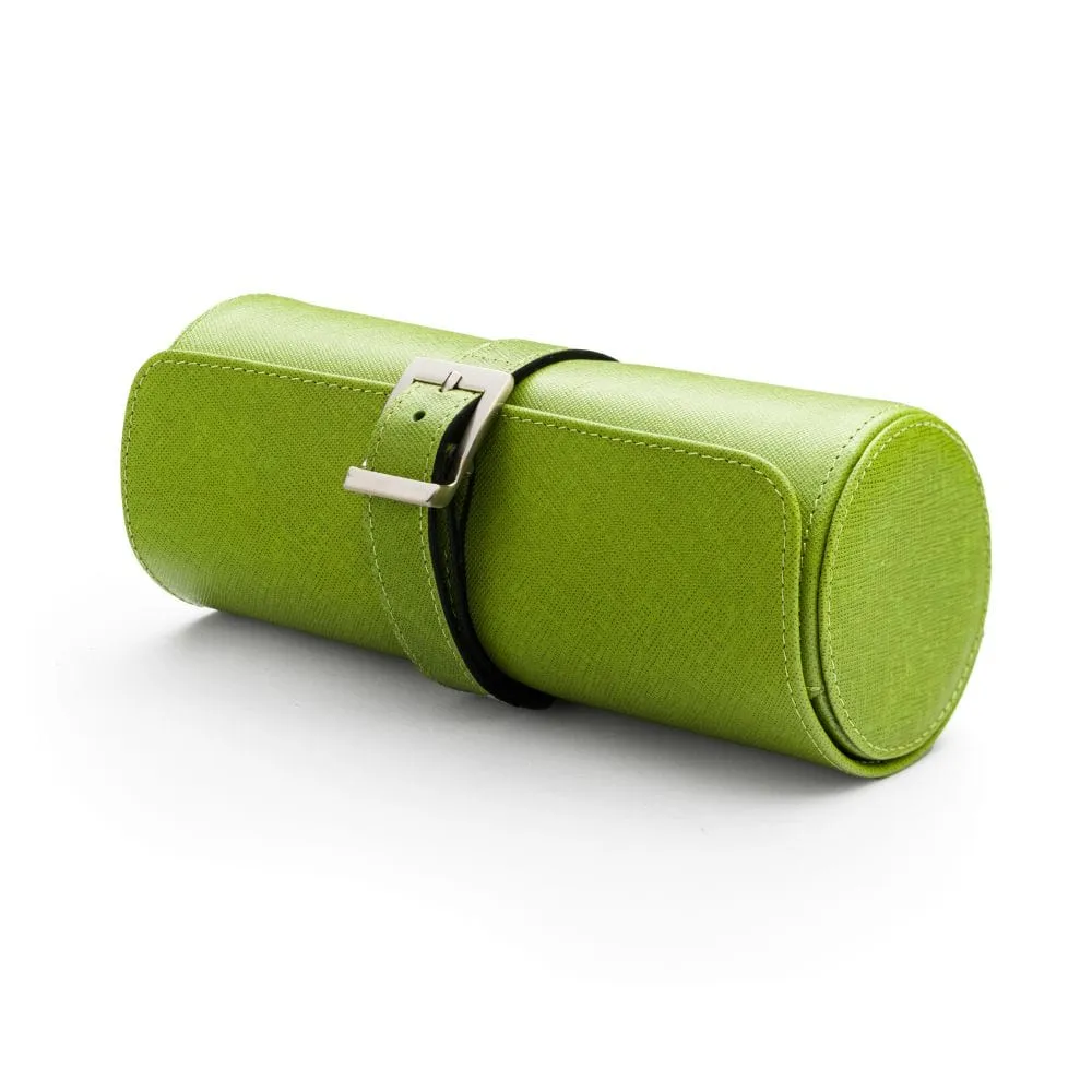 Large Leather Watch Roll - Lime With Red