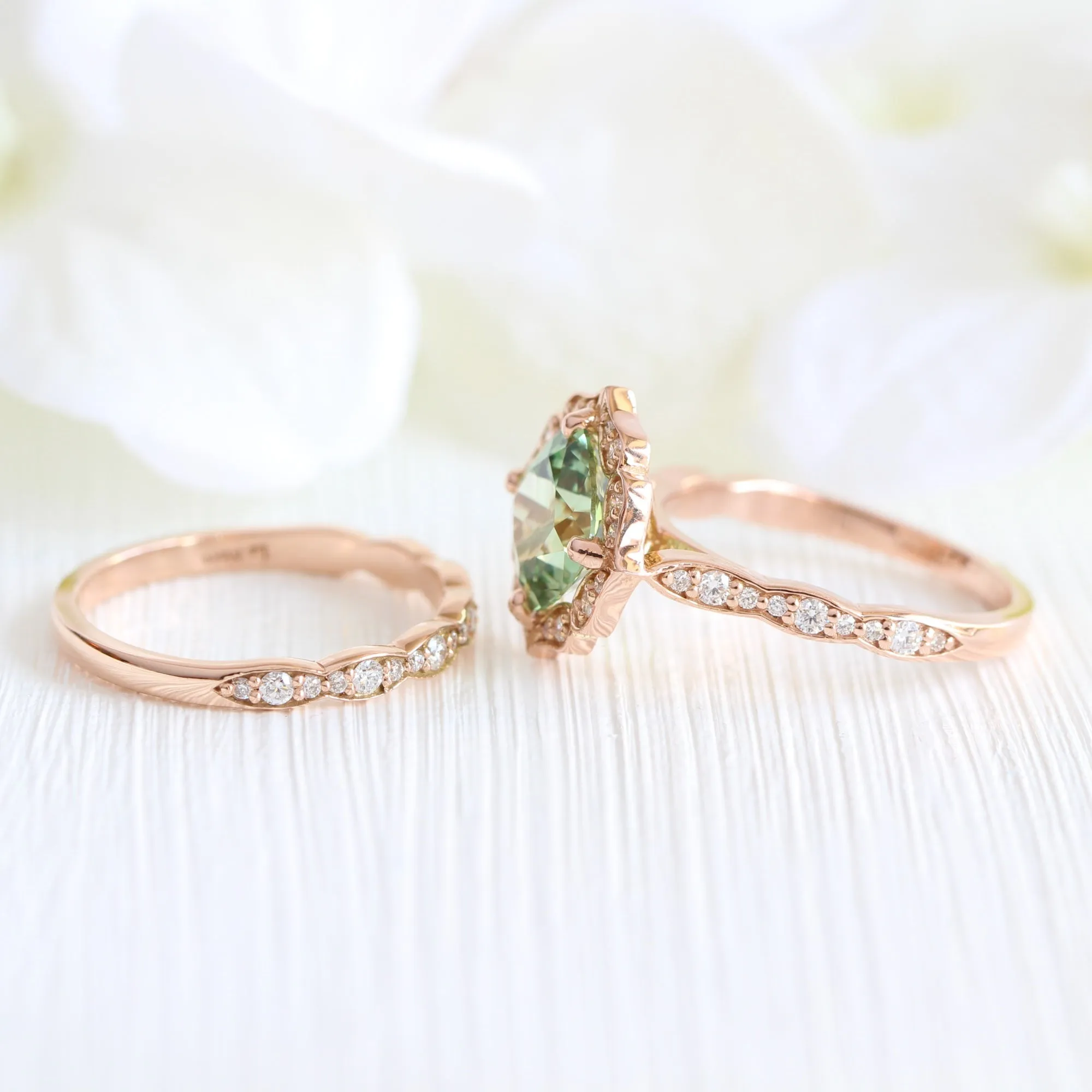 Large Vintage Floral Cushion Ring Set w/ Sea Foam Green Sapphire and Diamond