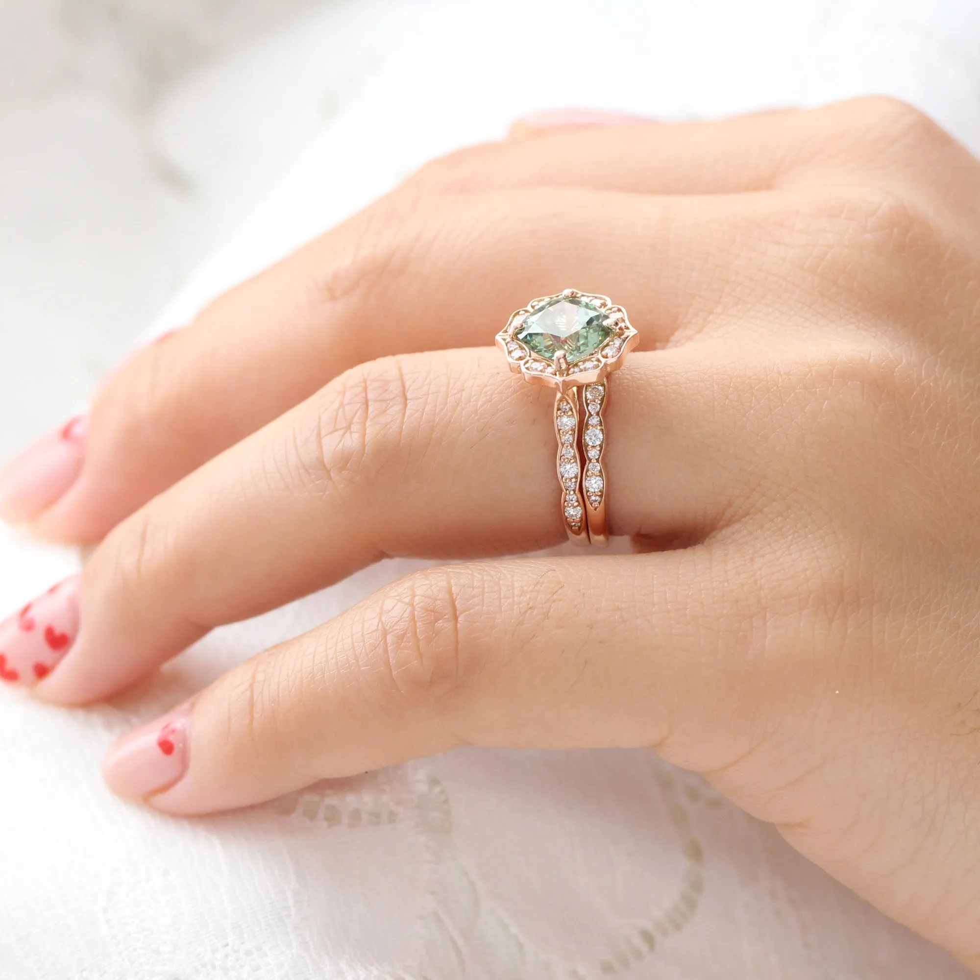 Large Vintage Floral Cushion Ring Set w/ Sea Foam Green Sapphire and Diamond