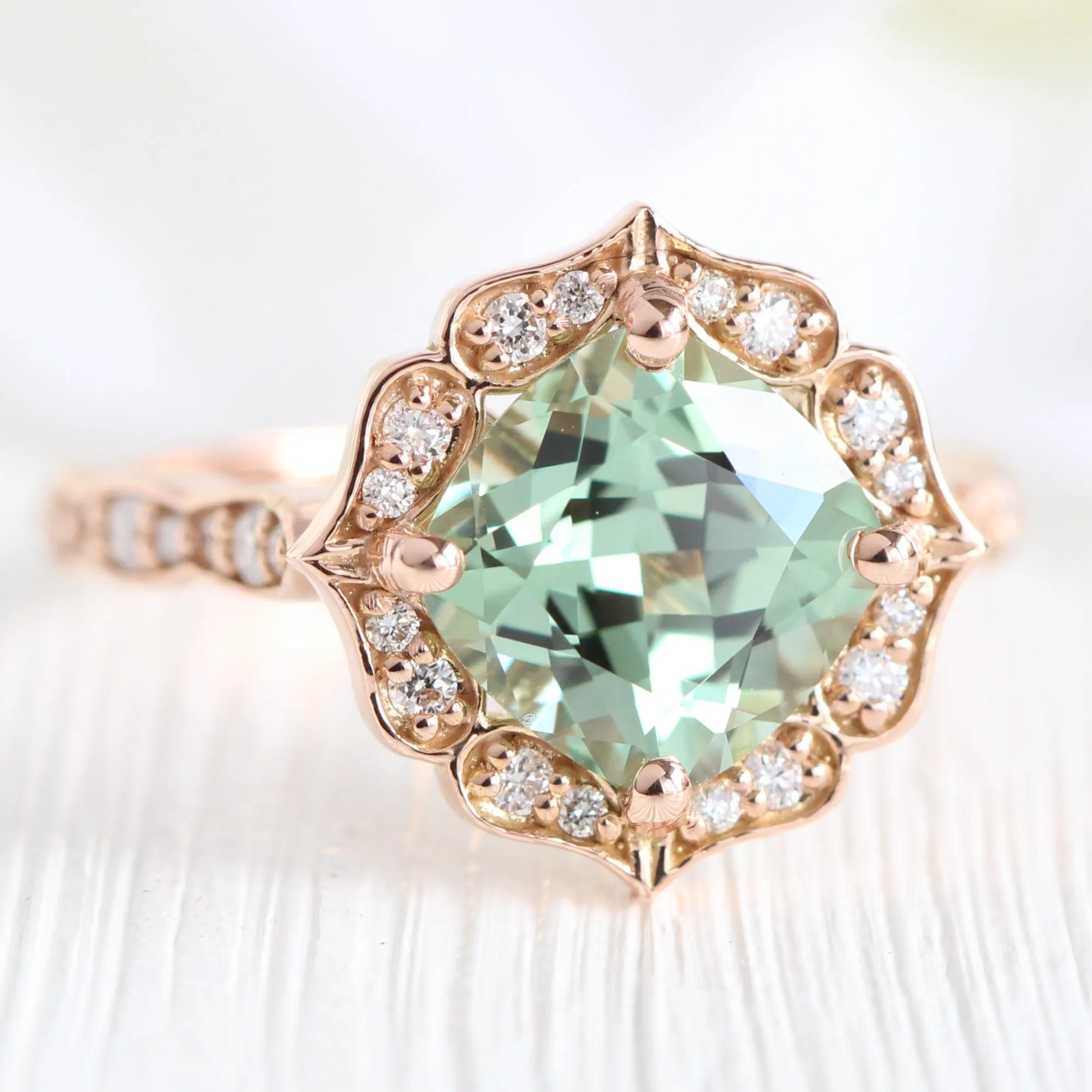 Large Vintage Floral Cushion Ring Set w/ Sea Foam Green Sapphire and Diamond